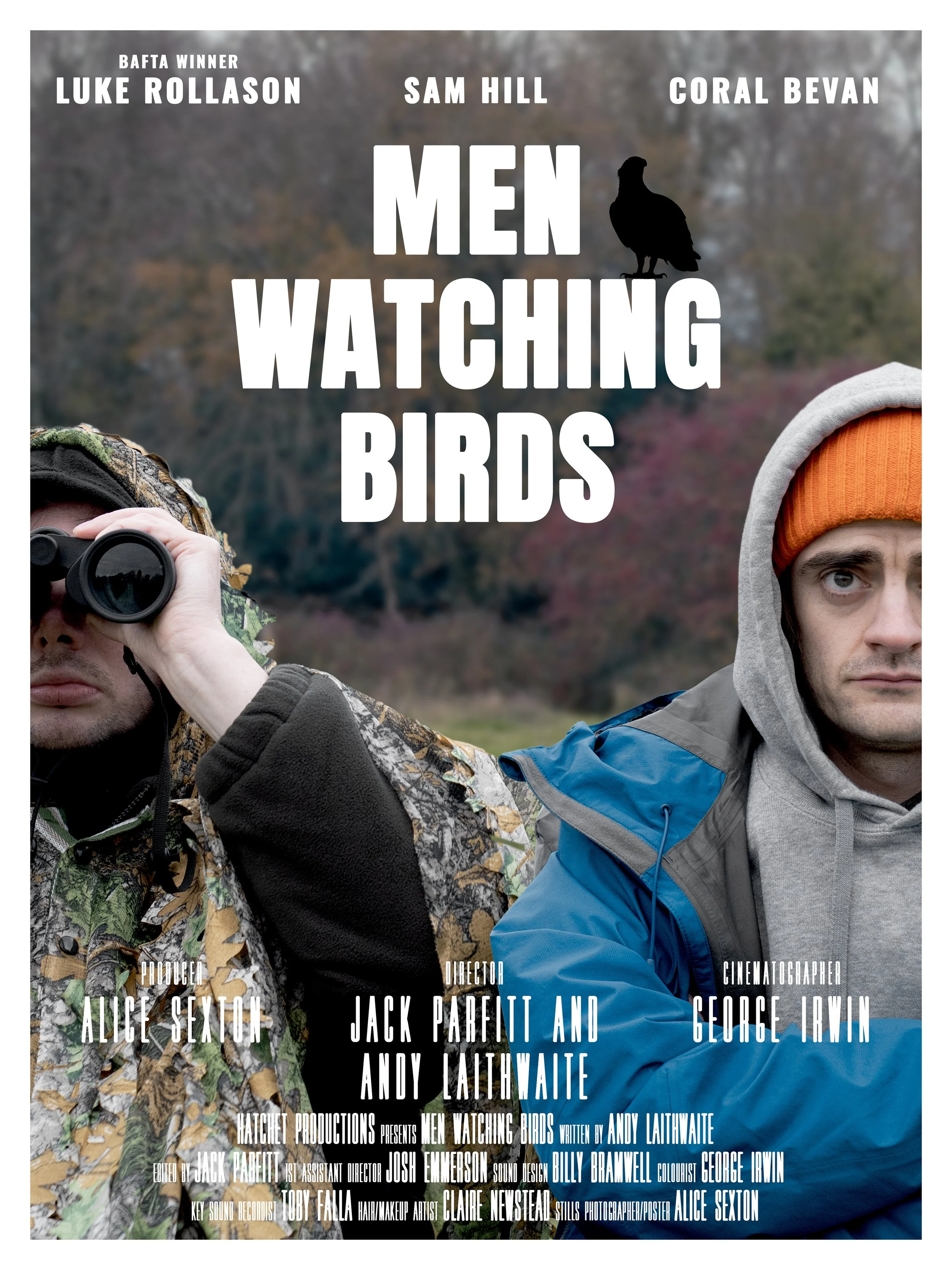 Poster for the film 'Men Watching Birds' by Jack Parfitt featuring two men in outdoor clothing, one looking through binoculars and the other facing forward, with titles and credits over a blurred natural background.