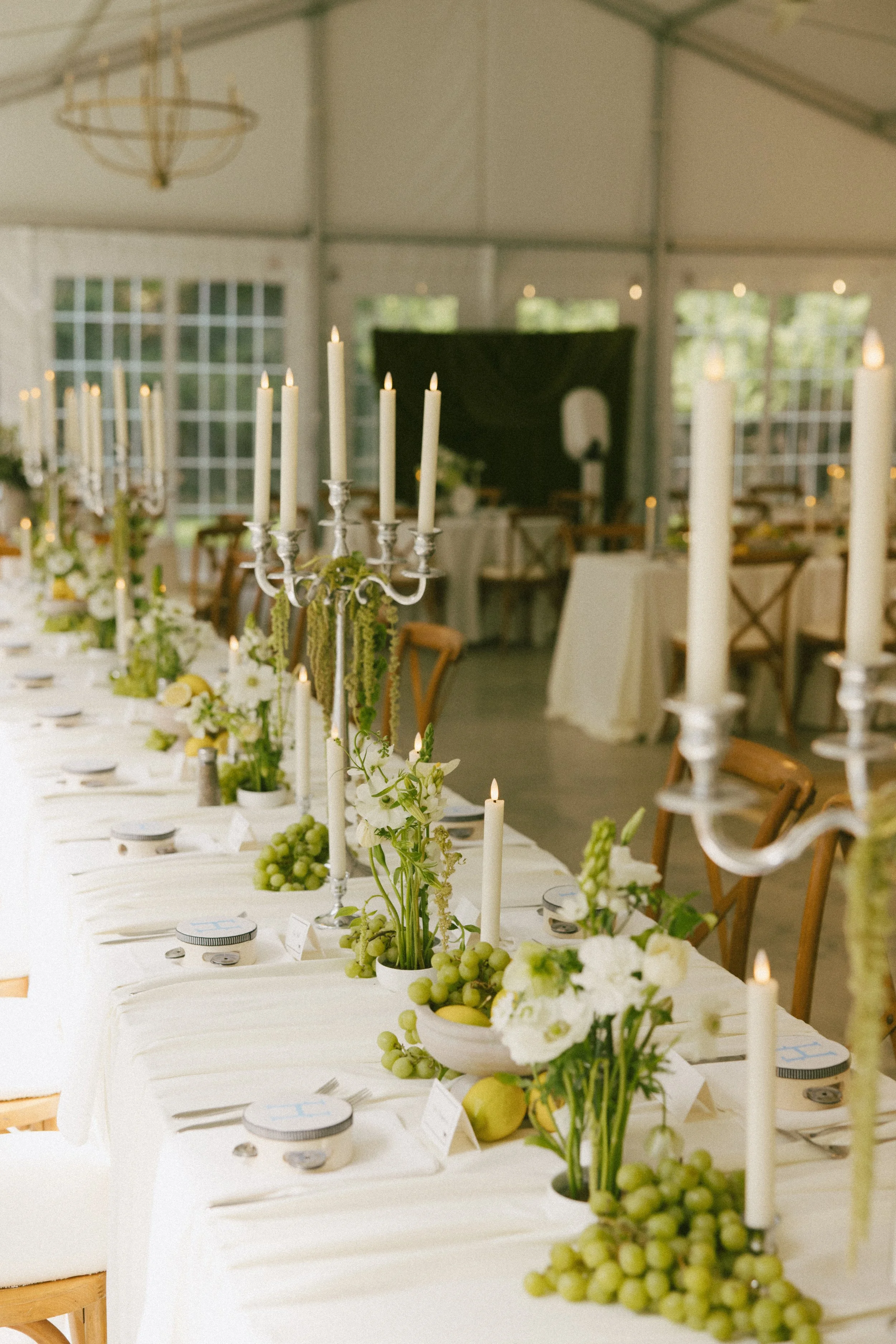 This Hilltop House wedding in Rochester, Minnesota was all about the details: airy garden-inspired florals, old-world candlelight, soft white linens, and those gorgeous little clusters of green grapes winding their way down the table.