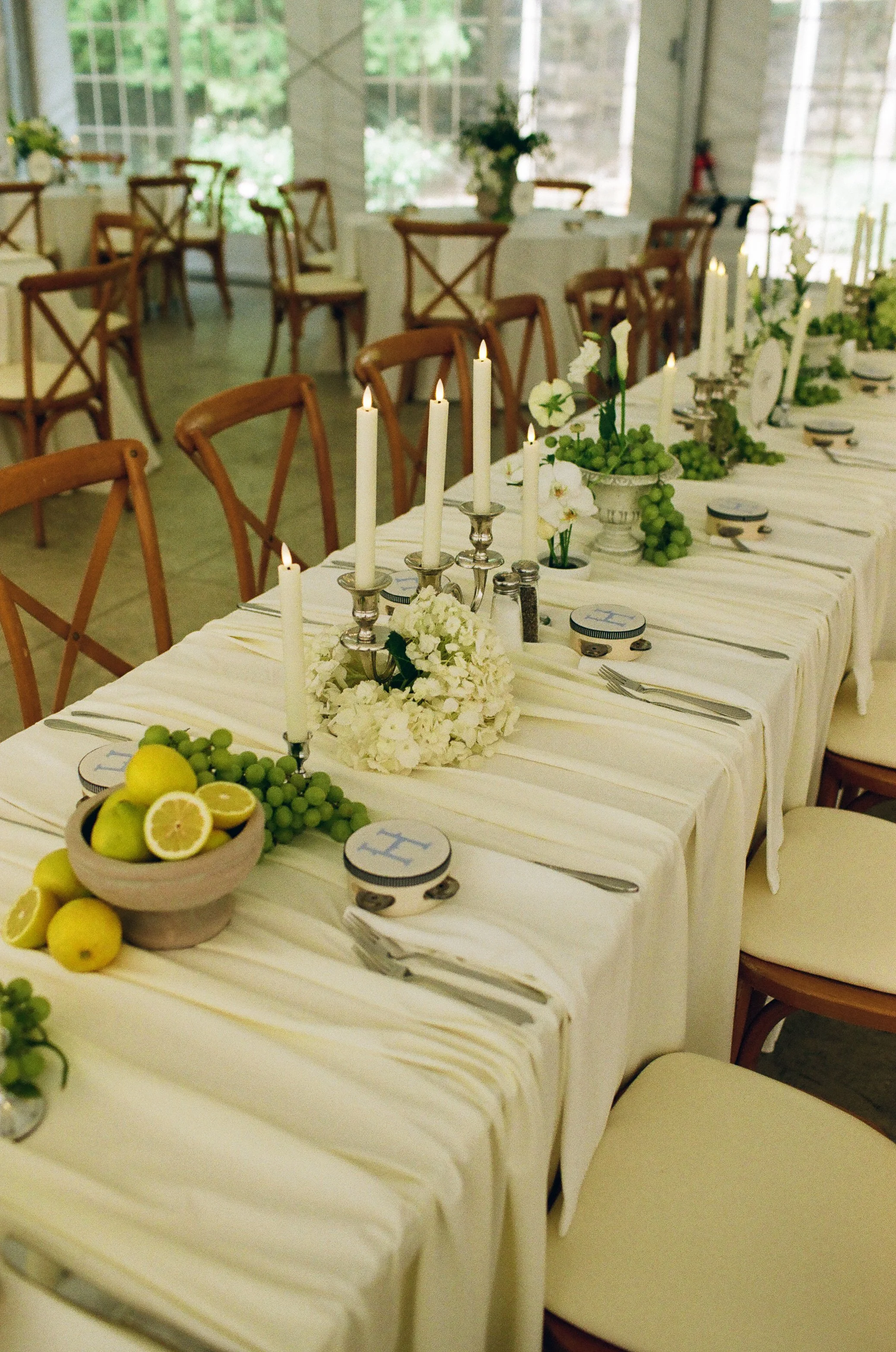 This Hilltop House wedding in Rochester, Minnesota was all about the details: airy garden-inspired florals, old-world candlelight, soft white linens, and those gorgeous little clusters of green grapes winding their way down the table.