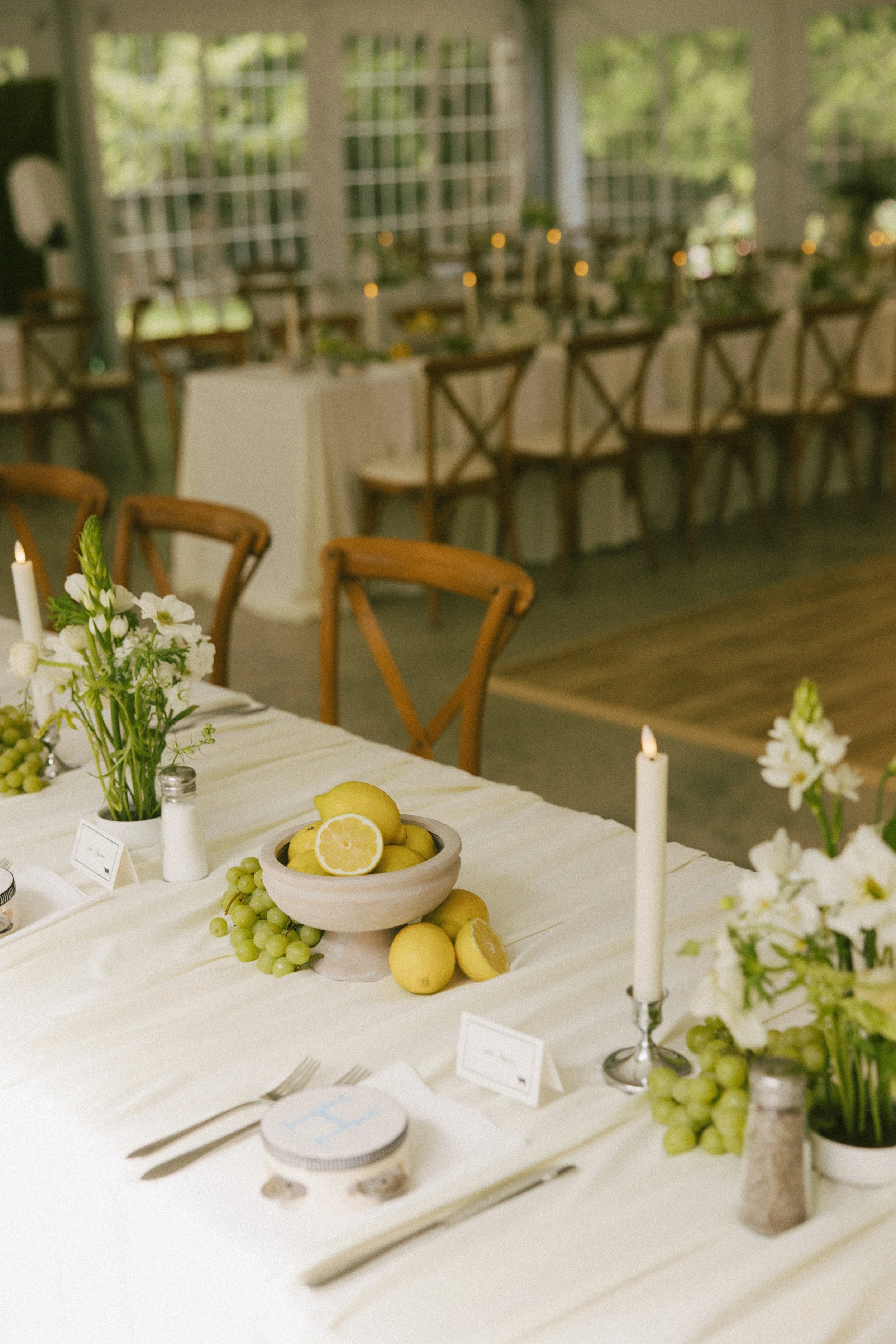 This Hilltop House wedding in Rochester, Minnesota was all about the details: airy garden-inspired florals, old-world candlelight, soft white linens, and those gorgeous little clusters of green grapes winding their way down the table.