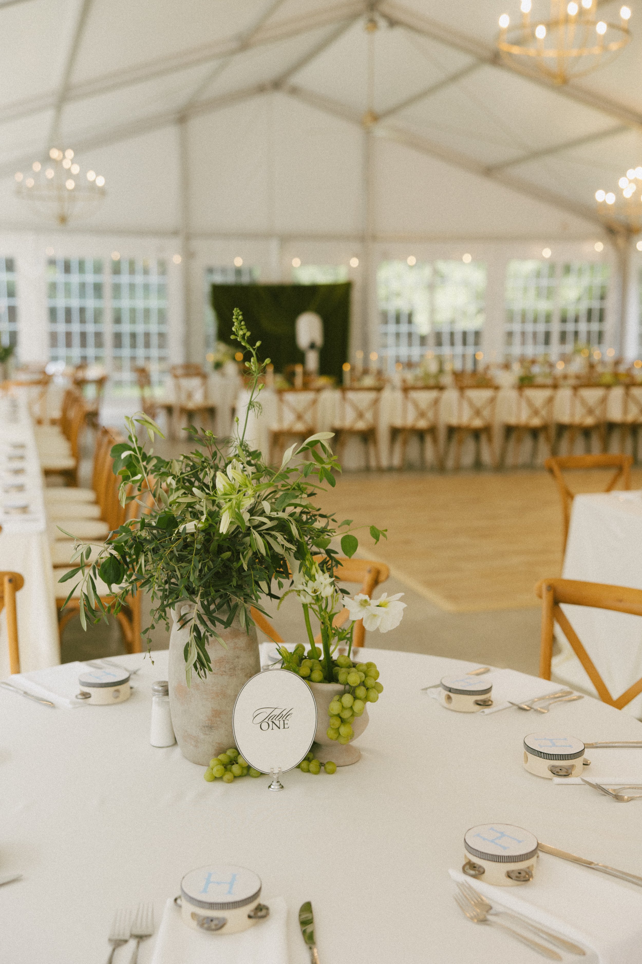 This Hilltop House wedding in Rochester, Minnesota was all about the details: airy garden-inspired florals, old-world candlelight, soft white linens, and those gorgeous little clusters of green grapes winding their way down the table.