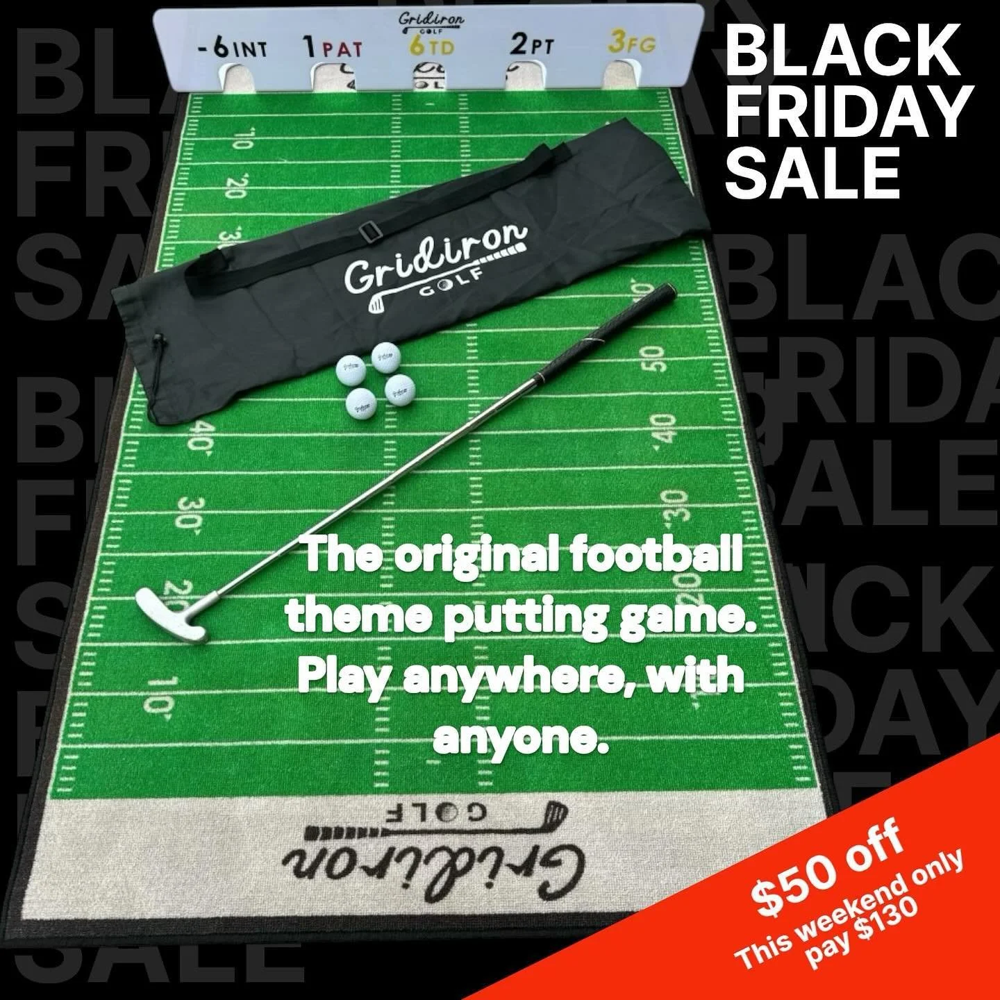 Our Black Friday sale is live! Give the 🎁 of togetherness this holiday season with Gridiron Golf. It&rsquo;s like playing 🏈 but with a putter ⛳️ 🌟