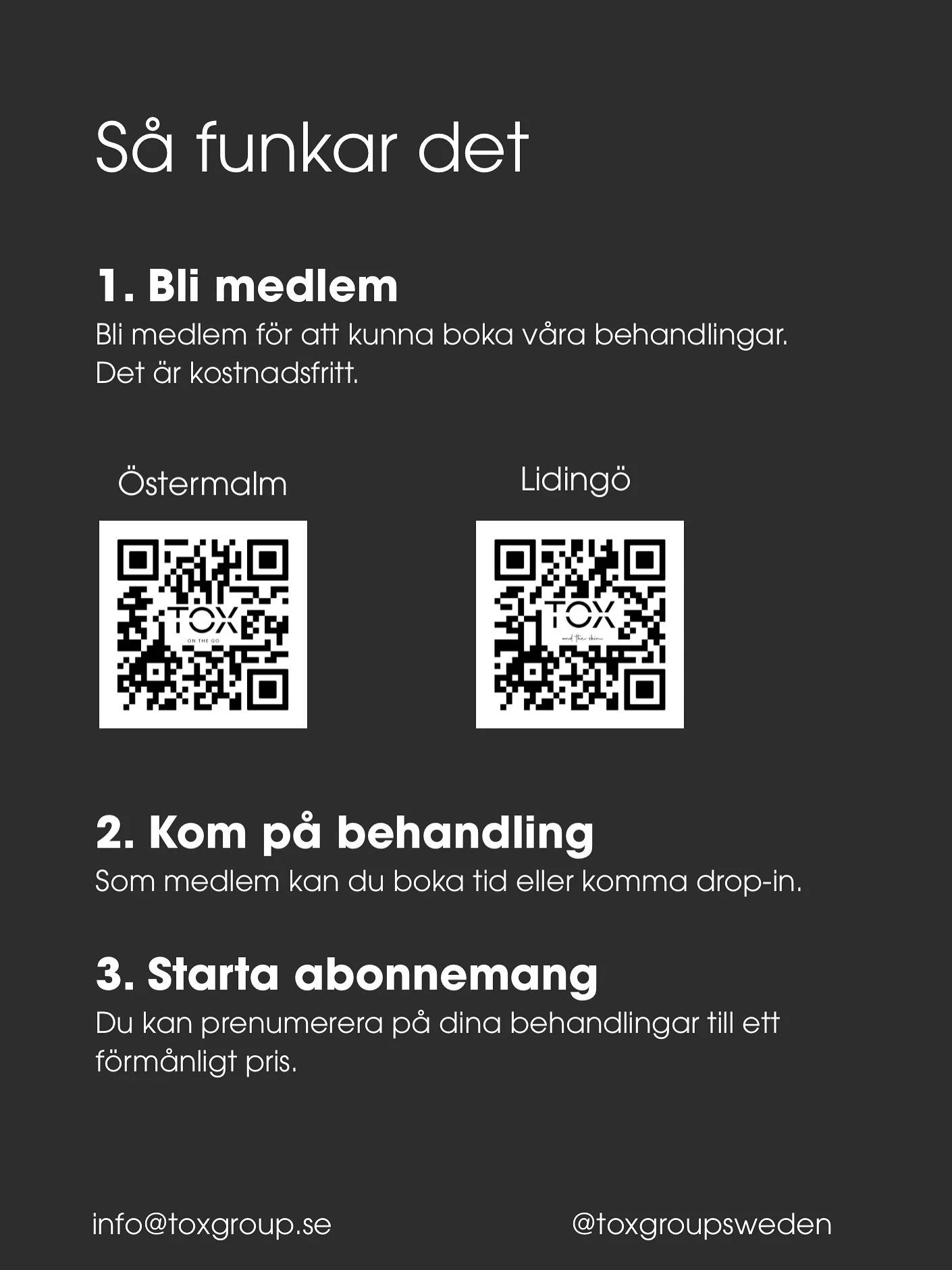 Membership.
Priority.
Personal touch. 

Gratis medlemskap hos TOX. 
Drop-in. Events. Exklusiva f&ouml;rm&aring;ner. 

L&auml;nken i bio 🖤