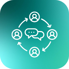 Icon illustration of a social network or communication flow with five user icons connected in a circle around a speech bubble with ellipsis.
