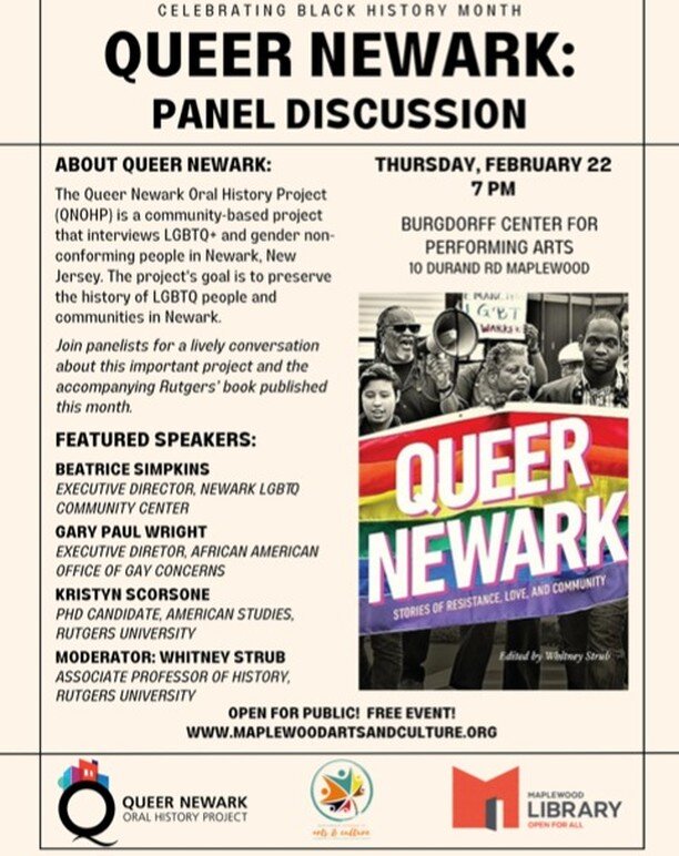 In Celebration of Black History Month
Queer Newark: Panel Discussion

The Queer Newark Oral History Project is a community-based project that interviews LGBTQ+ and gender non-conforming people in Newark, NJ. The project&rsquo;s goal is to preserve th