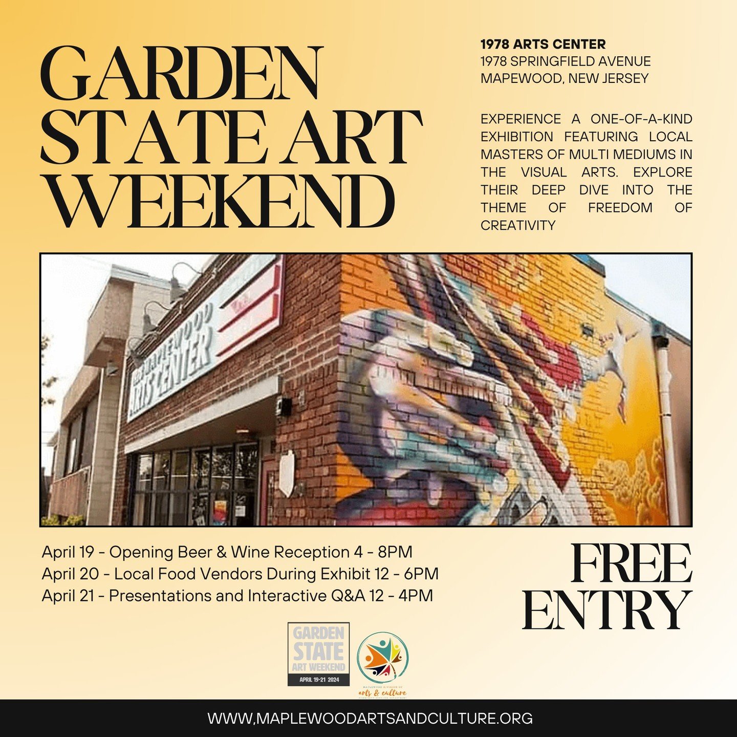 🎨 **Garden State Art Weekend Extravaganza! 🖌️** 📅 **Save the Dates: April 19-21, 2024** 🎉 

Get ready for a weekend filled with boundless creativity and artistic marvels! Join us at the exquisite Garden State art weekend where art knows no bounds
