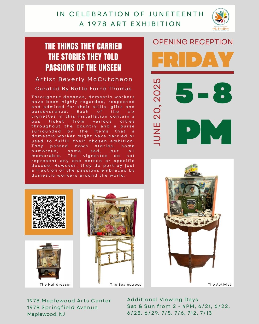 Celebrating Juneteenth with a 1978 Art Exhibition: The Things They Carried, The Stories They Told, Passions of the Unseen

Artist: Beverly McCutcheon
Curated by: Nette Forn&eacute; Thomas

Free Event

Opening Reception: Friday, June 20 | 5 to 8PM

19