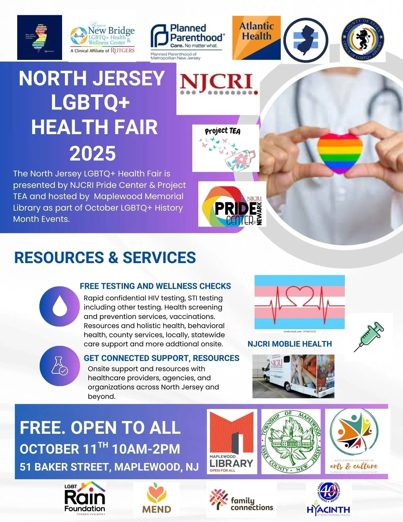 🏥 Saturday, October 11 | 10am - 2pm Maplewood Memorial Library will host the North Jersey LGBTQ+ Health Fair, offering resources, support, and community connections.

@maplewoodvillagenj @springfield_ave @columbiahighschool_chs @mms_cougar
@soma_pop