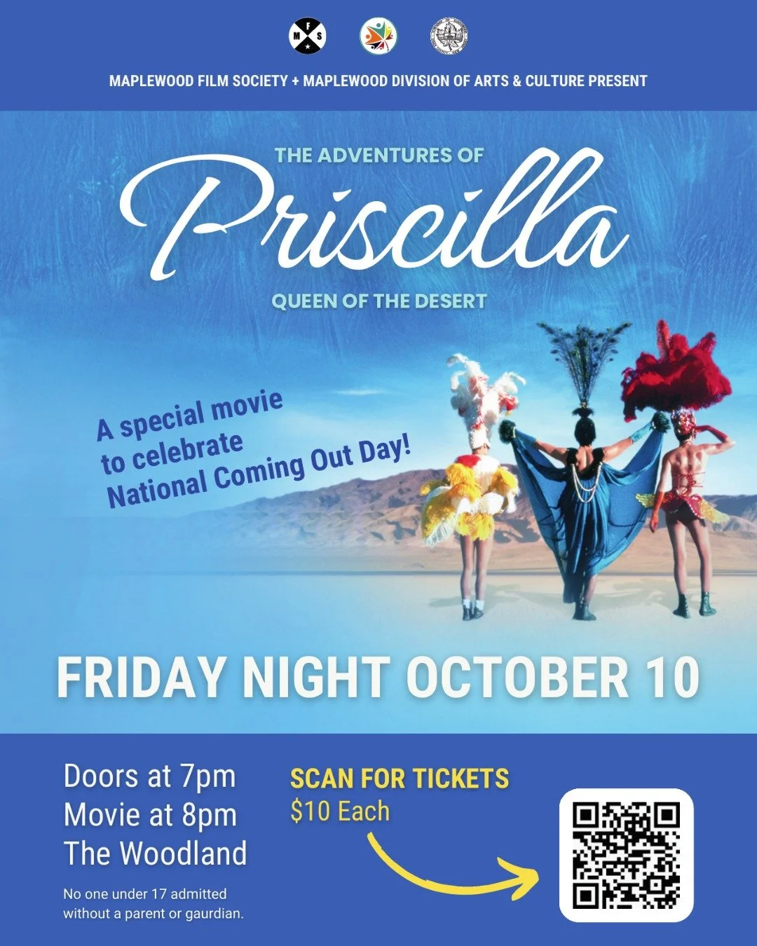 Screening of The Adventures of Priscilla, Queen of the Desert
Join the Maplewood Film Society and the Maplewood Division of Arts and Culture for a sequin-filled night celebrating National Coming Out Day with a screening of The Adventures of Priscilla