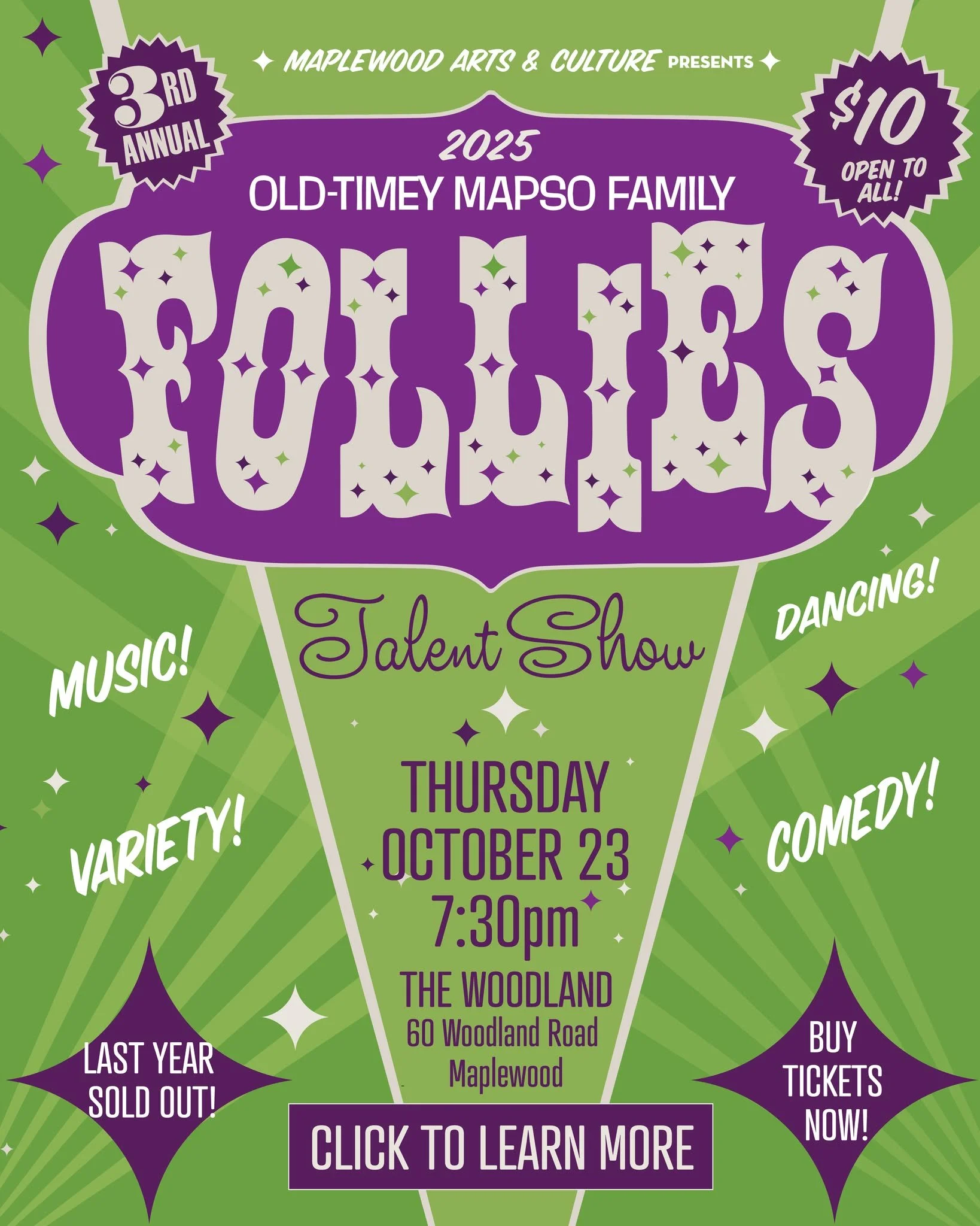 GET YOUR TICKETS NOW before we sell out! The Old-Timey MAPSO Family Follies Talent Show is back with more home-grown singing, dancing, circus tricks, music, and comedy&ndash;even a roller-skating chicken! Join us for heartwarming charm and variety fa