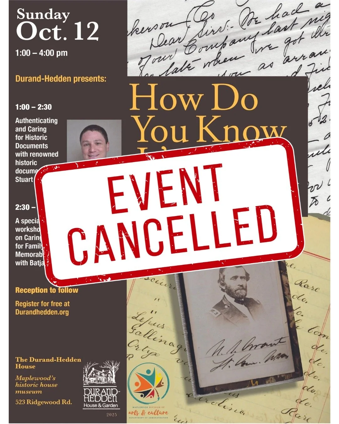 This event has been canceled due to the weather.

Durand-Hedden Presents: How Do You Know It's Real - Authenticating and Caring For Historic Documents Event Canceled.

@durand_hedden