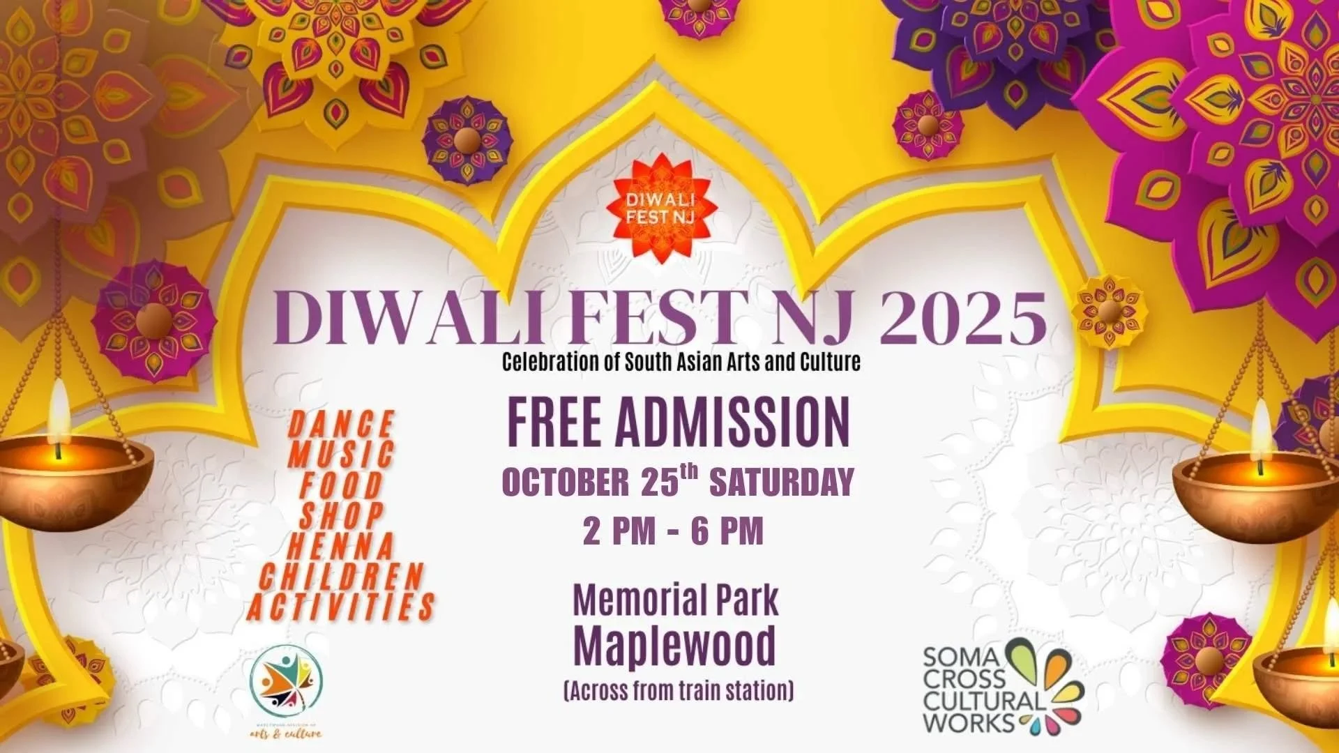 Diwali is the Festival of Lights, celebrating new beginnings and the triumph of good over evil and light over darkness. Diwali Fest NJ will be held at the Memorial Park Amphitheater at 145 Dunnell Road, Maplewood, NJ (on the Park side of the Maplewoo