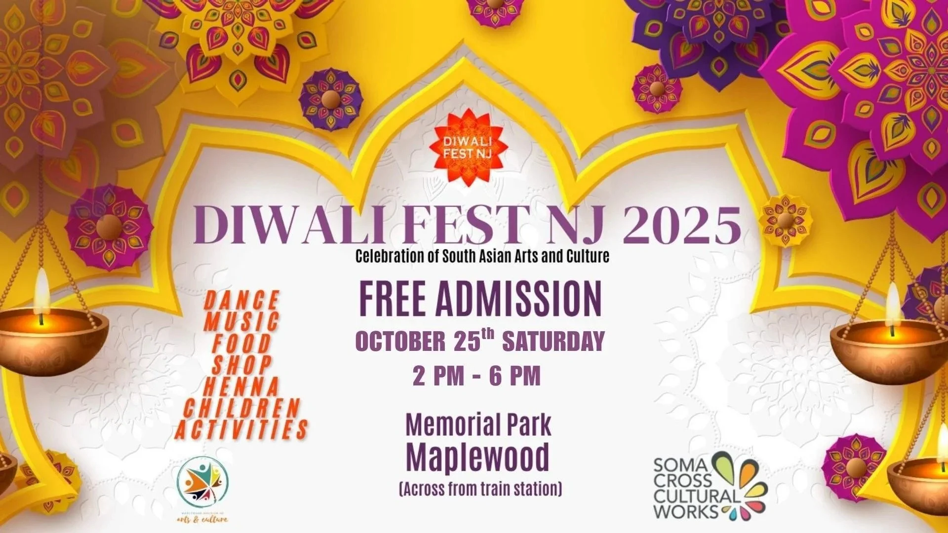 Diwali Fest NJ 2025

Diwali is the Festival of Lights, celebrating new beginnings and the triumph of good over evil and light over darkness. Diwali Fest NJ will be held at the Memorial Park Amphitheater at 145 Dunnell Road, Maplewood, NJ (on the Park