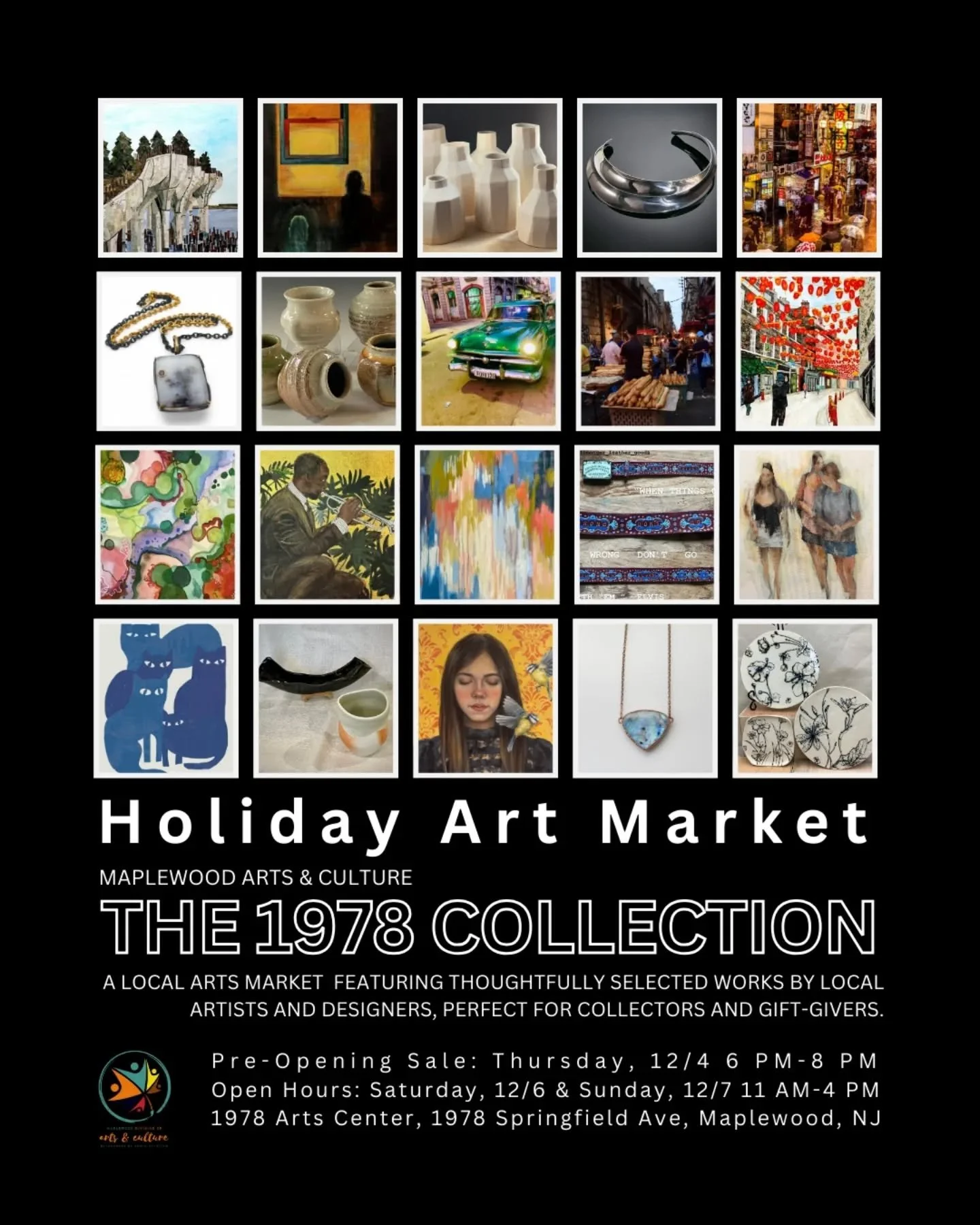 It was an incredible pre-opening sale last night.

We hope you stop by this Saturday or Sunday between 11am and 4pm to do some holiday shopping.

Open Hours: Saturday, 12/6 &amp; Sunday, 12/7 from 11AM to 4PM

HOLIDAY ART MARKET!

The 1978 Maplewood 
