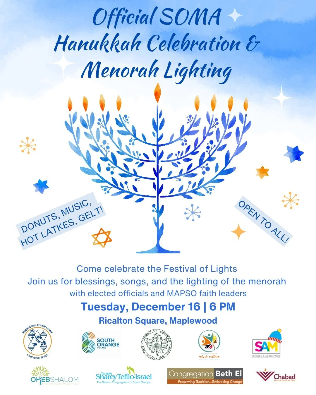 Please Join Us Tonight at Ricalton Square!

Hanukkah Celebration &amp; Menorah Lighting
Tuesday, December 16, 2025 | 6 PM
Ricalton Square
Maplewood, NJ

Celebrate the Festival of Lights! Join us for blessings, songs and the lighting of the menorah wi