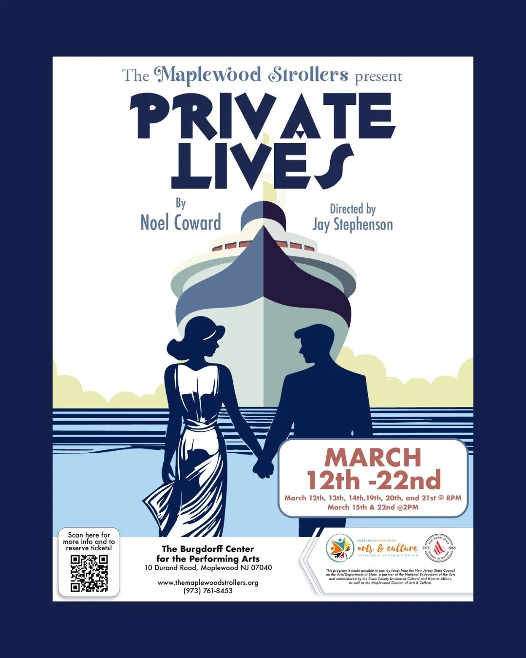 The Maplewood Strollers present Private Lives

Final Weekend!

Noel Coward&rsquo;s PRIVATE LIVES
When a divorced couple accidentally find themselves honeymooning with their new spouses in adjacent rooms, sparks fly in this classic comedy of manners b