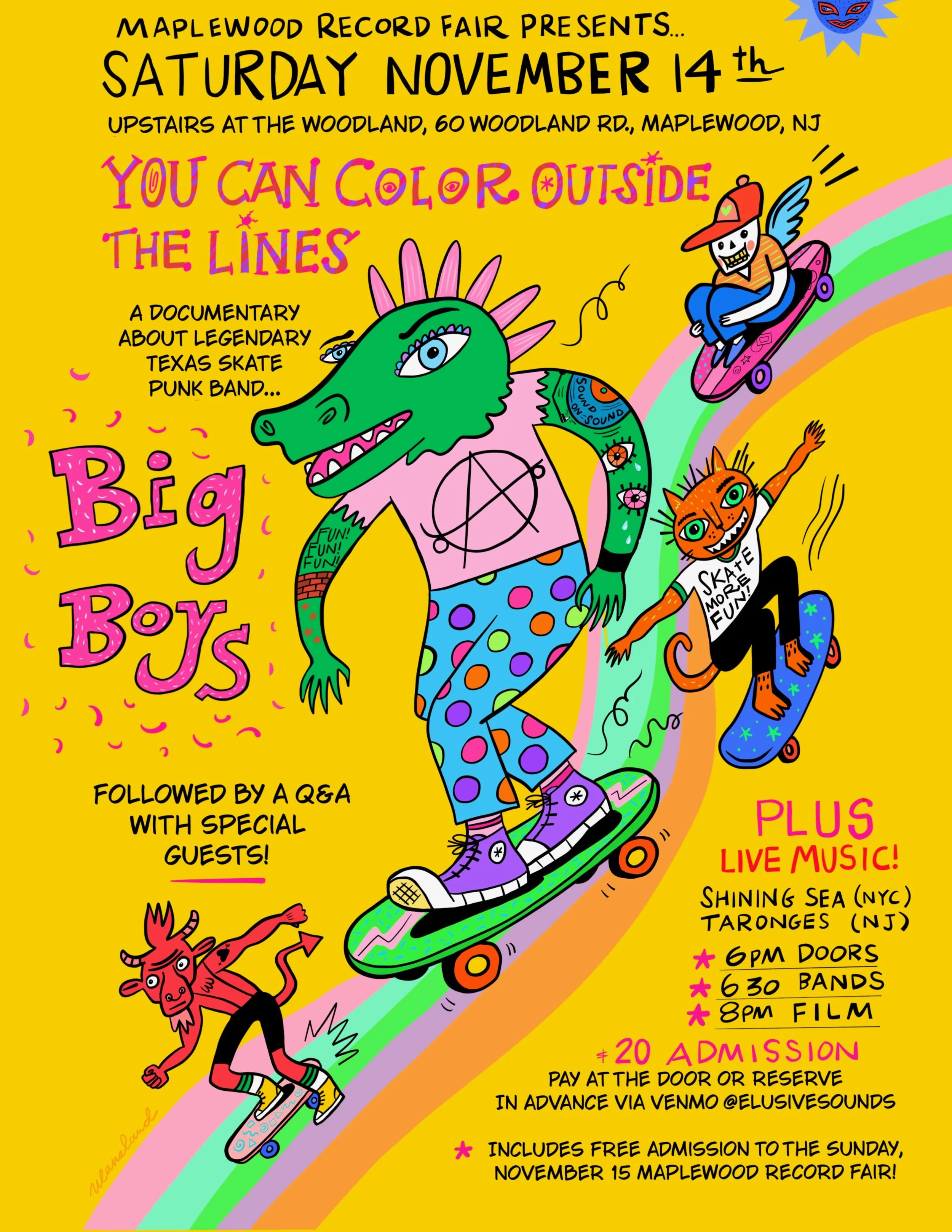 Documentary Film Screening for “You Can Color Outside The Lines” The Story of legendary Skate Punk Band The BIG BOYS plus live performances by Shining Sea & Taronges