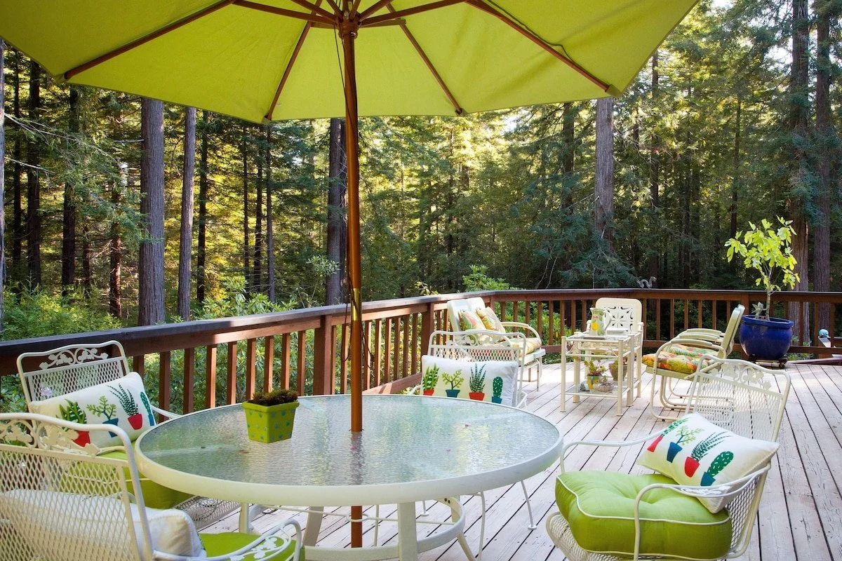 Patio overlooking the garden and Redwood forest.