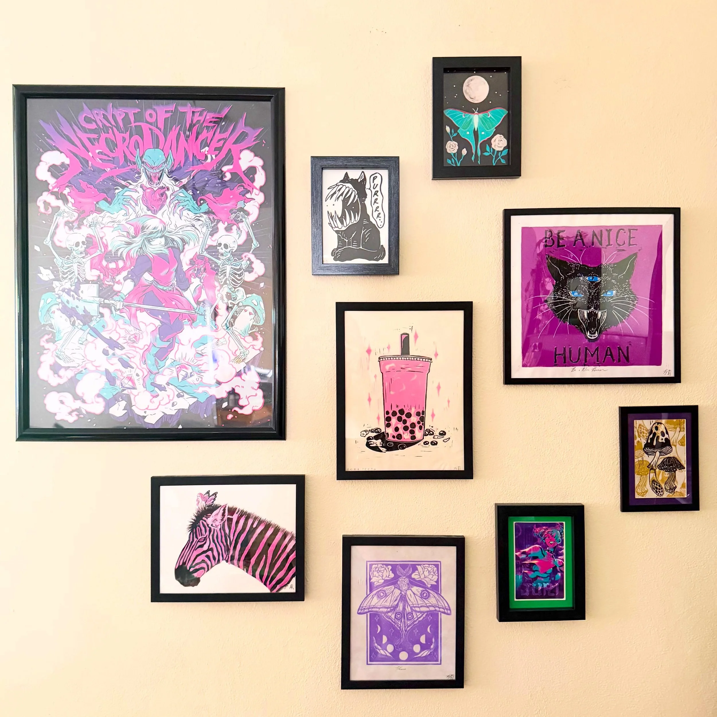 Moved at the beginning of June! As a little treat (and a break from unpacking), @omicron_austin and I hung up some art this morning. 

I&rsquo;m delighted that 5 of these are prints from my favorite local printmaker, @lofi.chaos The colors complement