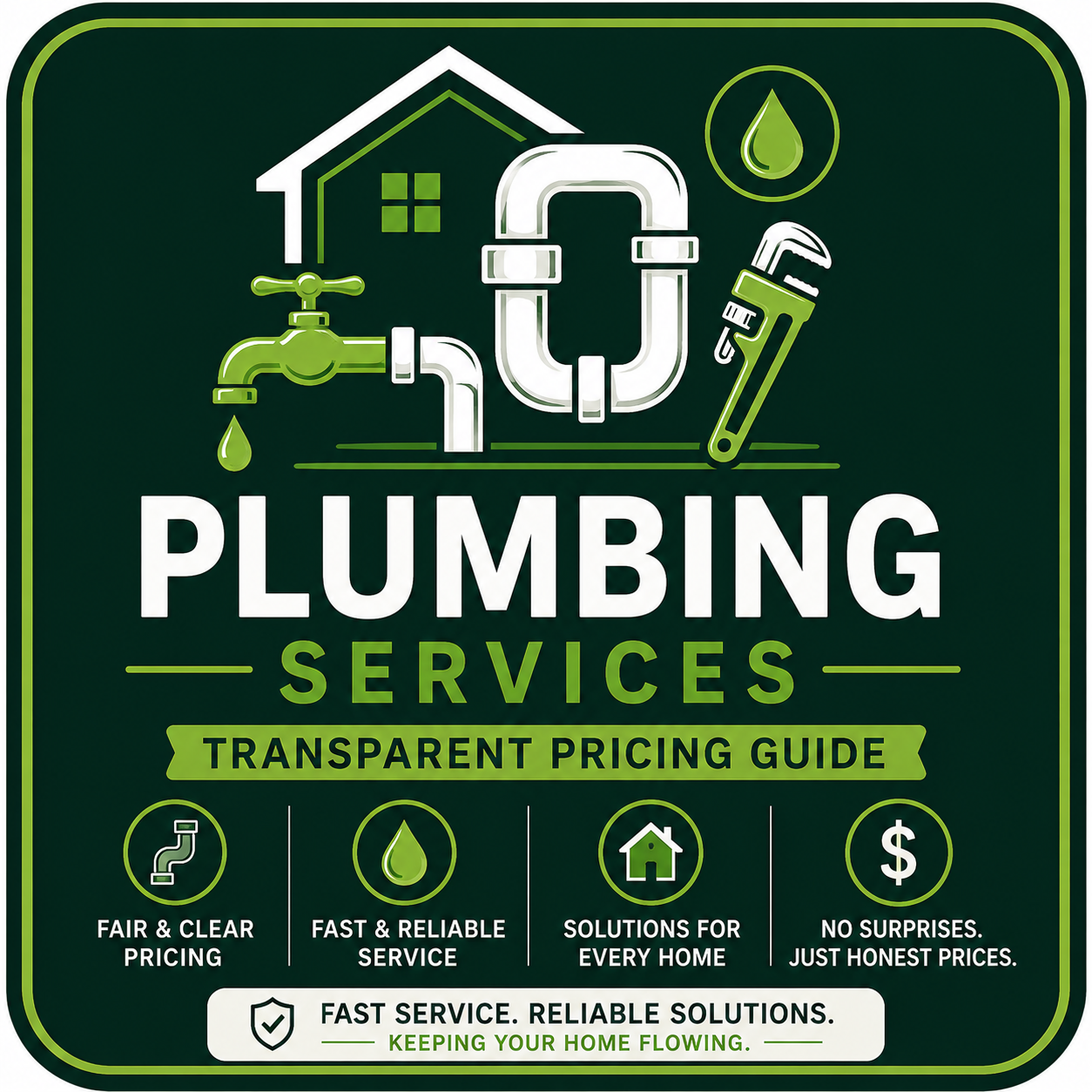 Green and white plumbing logo featuring a house, plumbing pipes, a faucet, a pipe wrench, and water droplet icons. Text includes 'Plumbing Services', 'Transparent Pricing Guide', and benefits like fair pricing, reliable service, and home solutions.