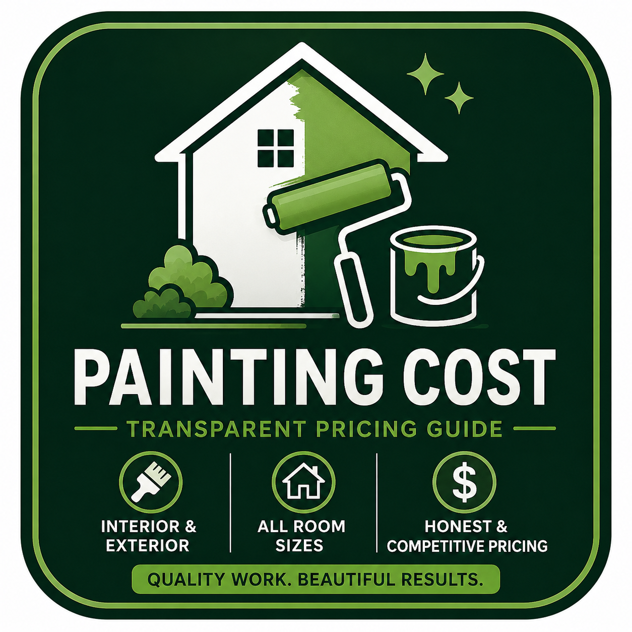 Green advertisement for painting services, featuring a house with a roller brush painting the wall green, a paint bucket, and bushes. Text highlights transparent pricing for interior and exterior work, all room sizes, honest and competitive pricing, with a slogan about quality work and beautiful results.