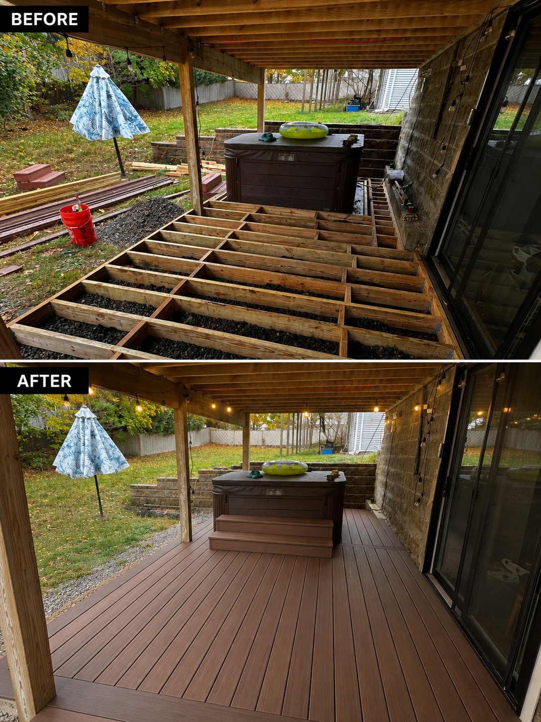 Before and after images of a backyard deck renovation. The before photo shows unfinished wooden framing on the deck floor, with a hot tub, patio umbrella, and outdoor string lights. The after photo shows the same space fully decked with polished wooden flooring, a hot tub, patio umbrella, and string lights, with a backyard and trees in the background.