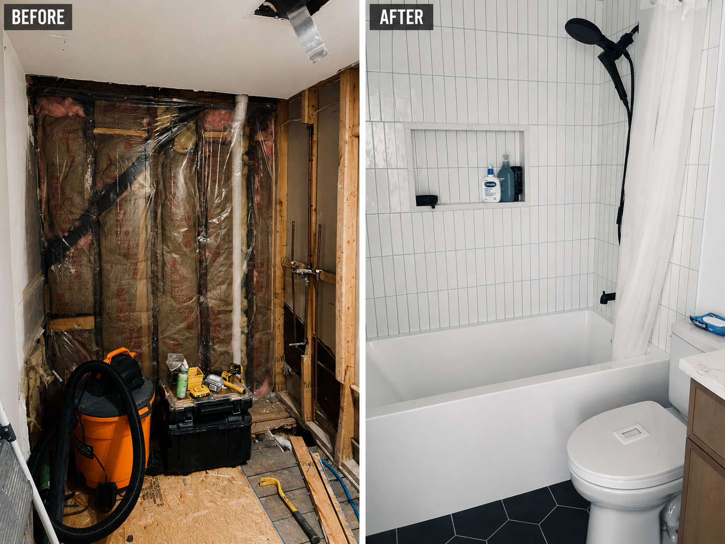 Comparison of a bathroom renovation before and after; the left side shows a bathroom under construction with insulation, tools, and unfinished walls, while the right side features a completed, modern bathroom with white tiled shower, bathtub, and toilet.