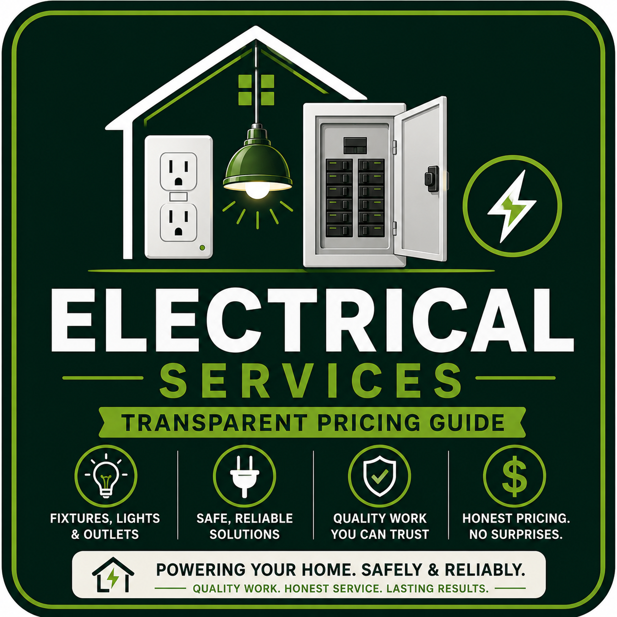 Graphic for electrical services advertising with icons of outlets, a light bulb, a fuse box, and a lightning bolt, emphasizing transparency, safety, quality, and honesty in pricing.