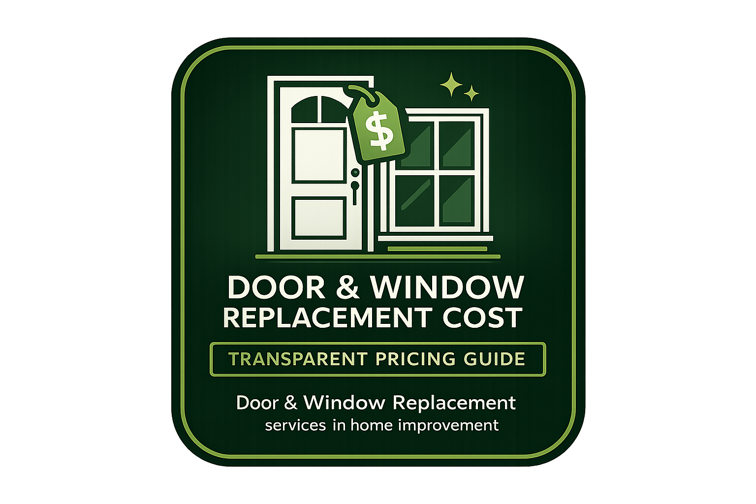 Green sign advertising door and window replacement costs with a diagram of a front door and a window, and text indicating a transparent pricing guide for home improvement services.