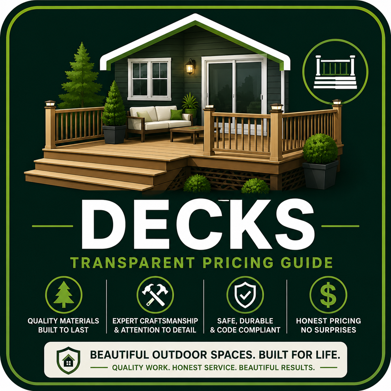 A graphic advertisement for deck construction with a 3D illustration of a house deck featuring outdoor furniture and potted plants. The ad highlights qualities such as quality materials, expert craftsmanship, durability, and honest pricing.