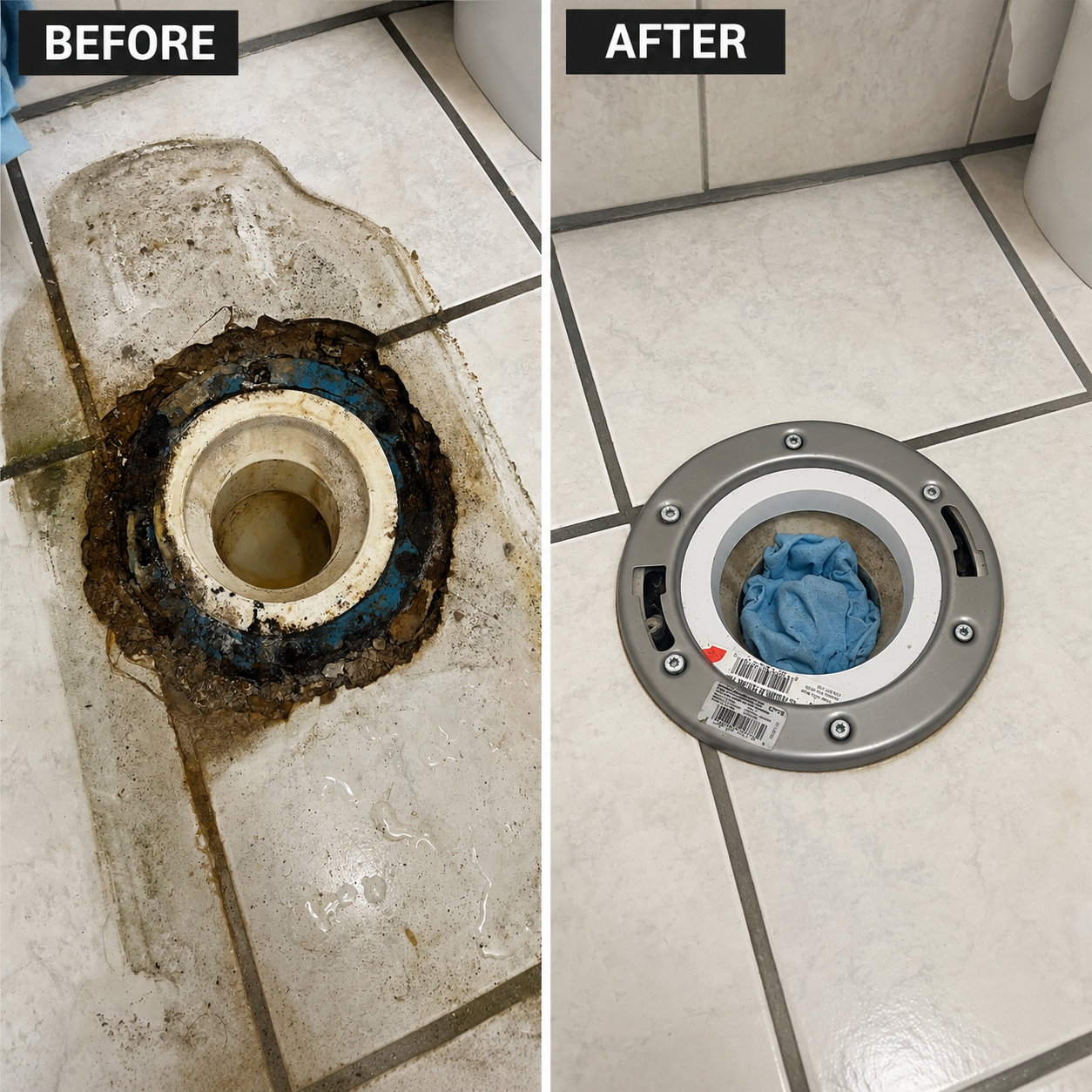 Comparison of a dirty toilet flange before and after removal. The "before" side shows a heavily soiled and rusted toilet flange surrounded by grime on the floor. The "after" side shows a clean, new toilet flange with a piece of blue cloth in the center, installed on a tiled bathroom floor.