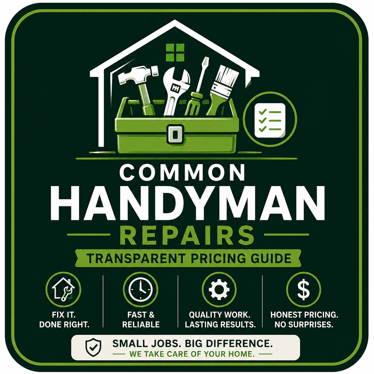 Graphic design for a handyman repair service featuring a house outline, tools in a toolbox, and icons highlighting fixing, reliability, quality, and honest pricing, with text about transparent pricing and small jobs.
