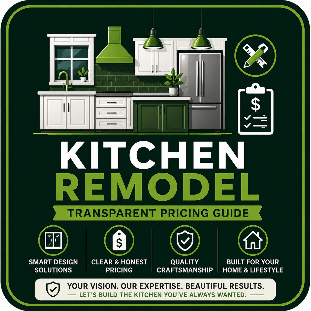 A green-themed advertisement for kitchen remodel services featuring a modern white and green kitchen illustration, icons for pricing, quality, and home customization, and text promoting transparent pricing and craftsmanship.
