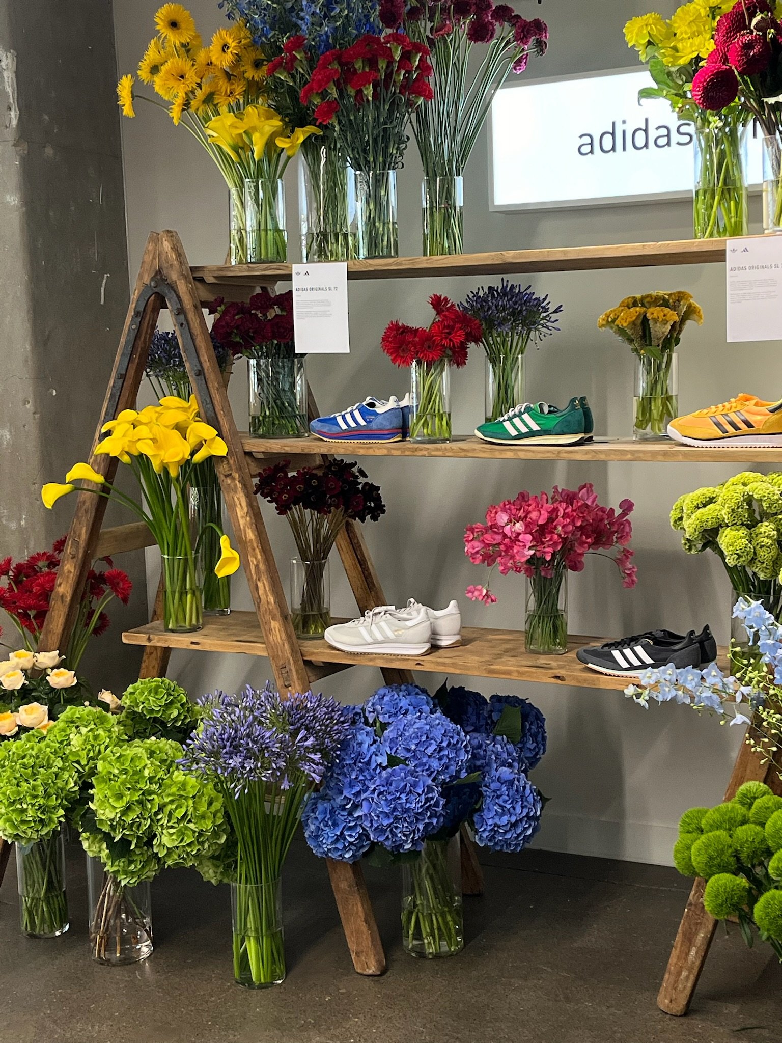 Display of colorful flowers in vases, with some Adidas sneakers placed among the flowers.