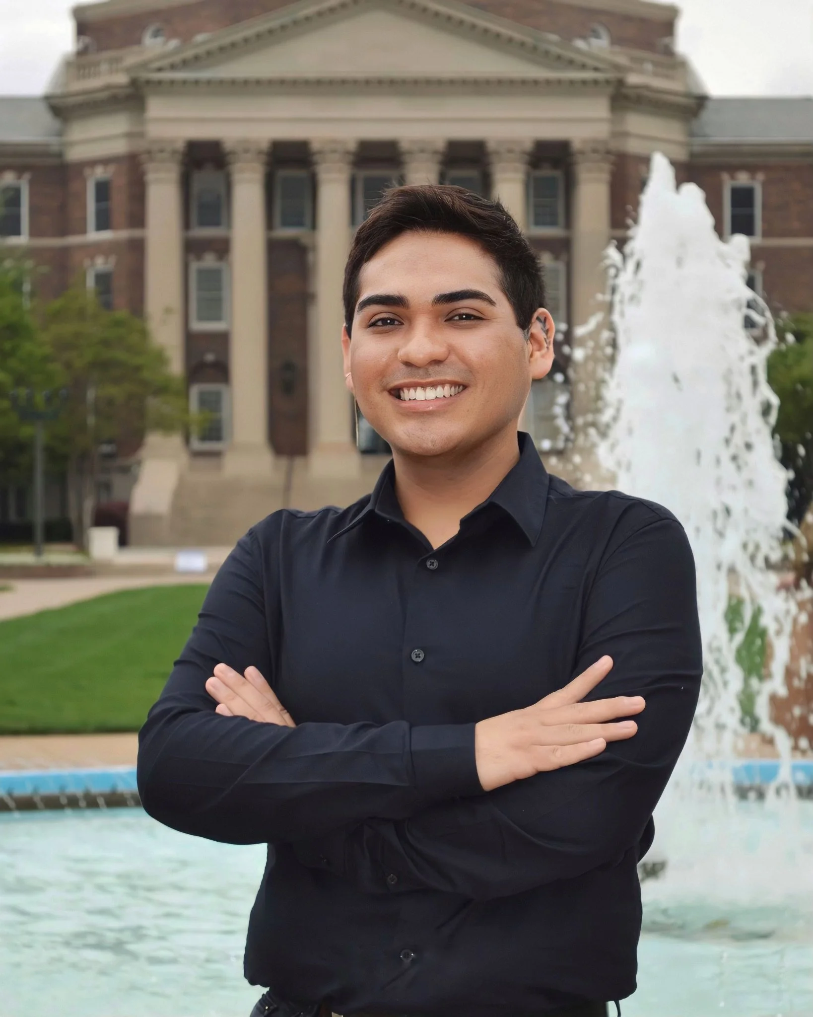 Young man smiling with arms crossed, standing in front of a fountain and a historic building with columns.
