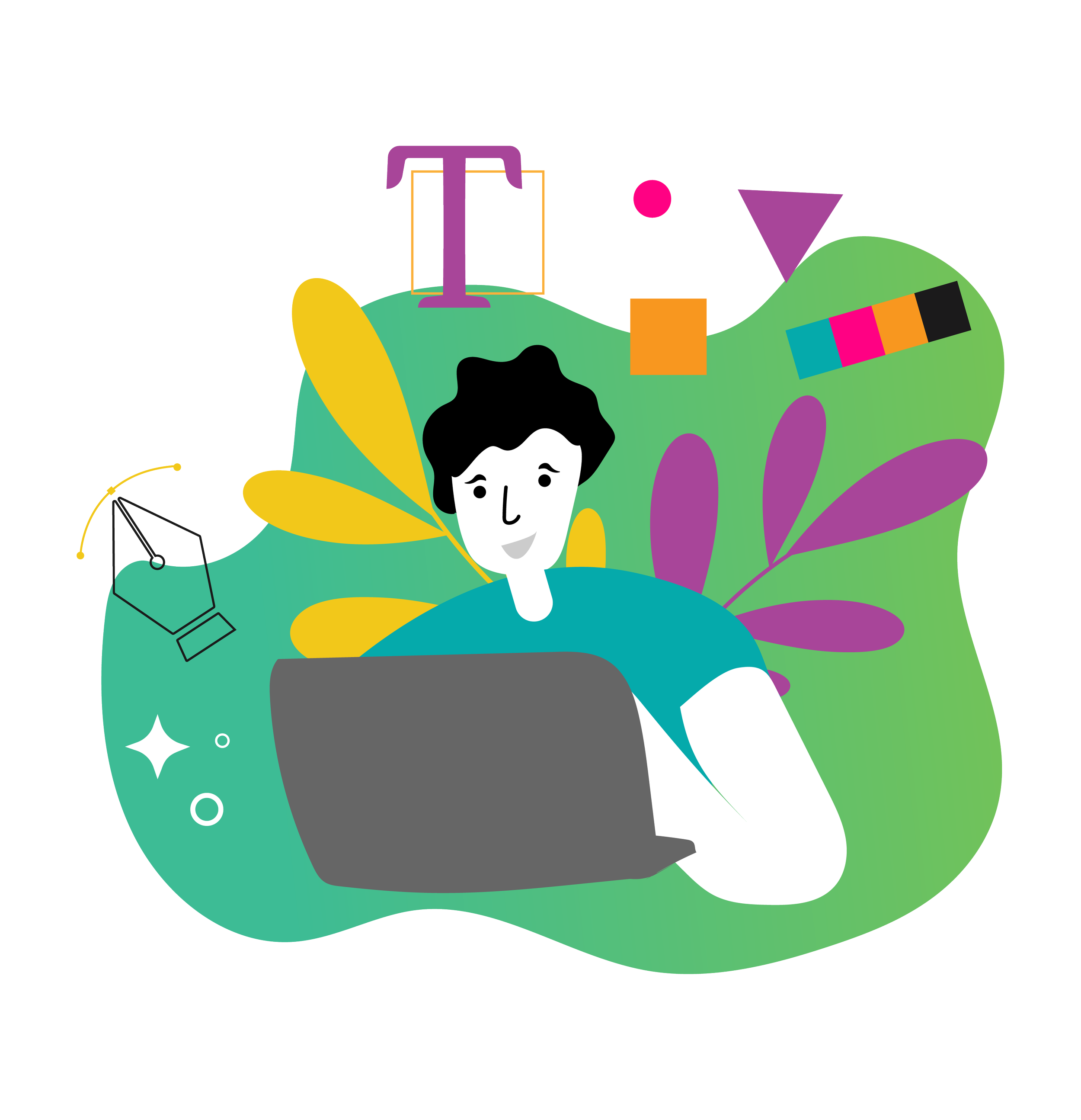 Illustration of a person with dark hair working on a laptop surrounded by colorful abstract shapes and icons representing technology and creativity.