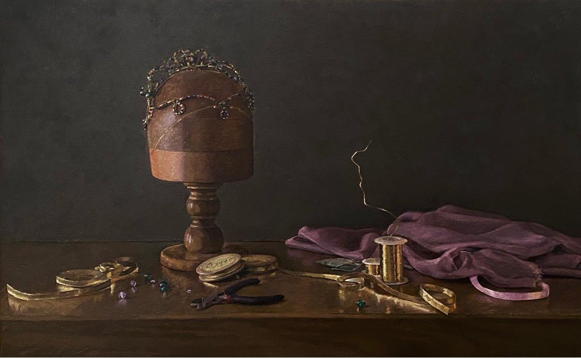 Still Life with Tiara, 2022. Oil on linen, 26 x 16 "