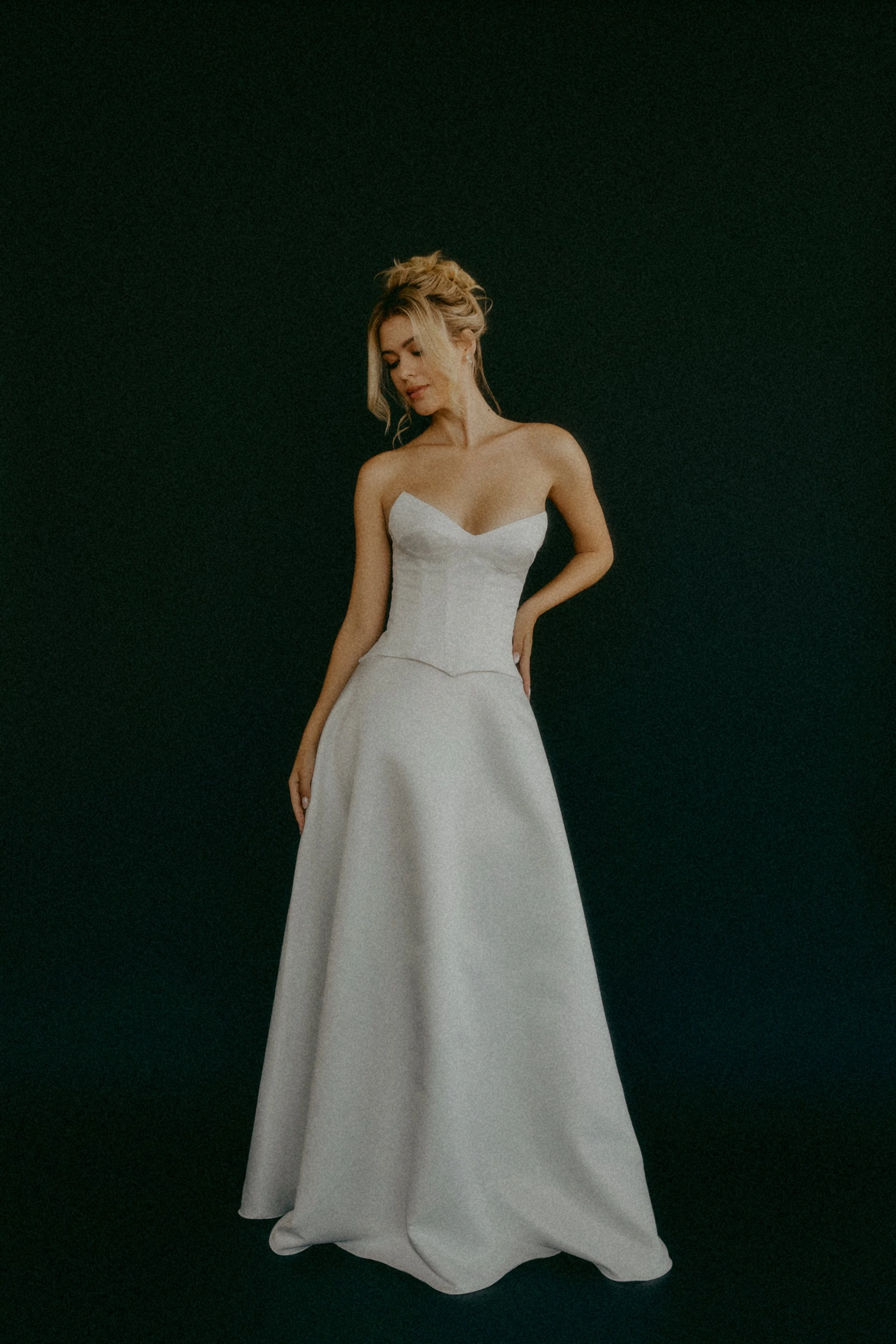Beautiful two-piece satin gown. A-line skirt with  a structured bodice. Timeless meets modern style!