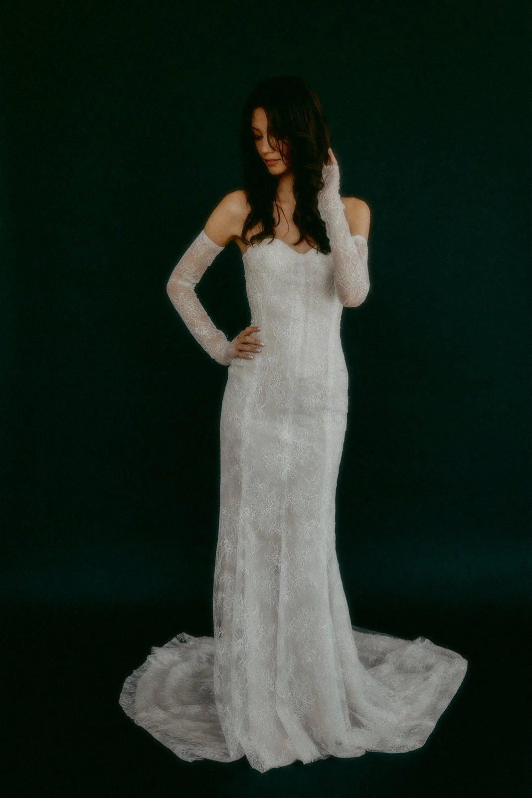 Chantilly lace and georgette silk dress featuring a fitted silhouette. Designed with a sheer mesh back that creates a backless illusion, and finished with detachable sleeves for versatile styling.