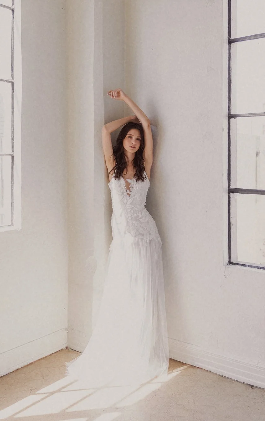 Special beaded tulle floral feather applique, georgette crepe, silk illusion tulle