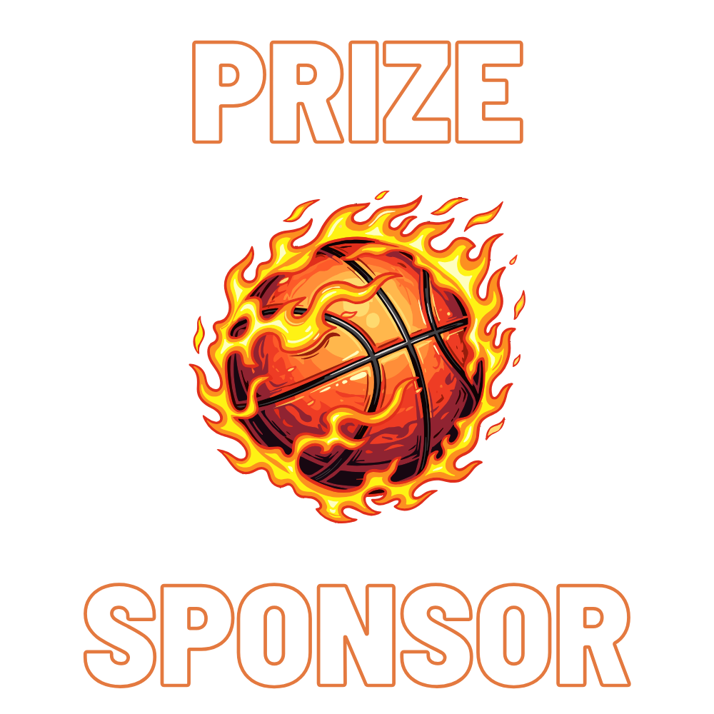 A flaming basketball with the words "PRIZE" above and "SPONSOR" below in orange outlined text on a black background.