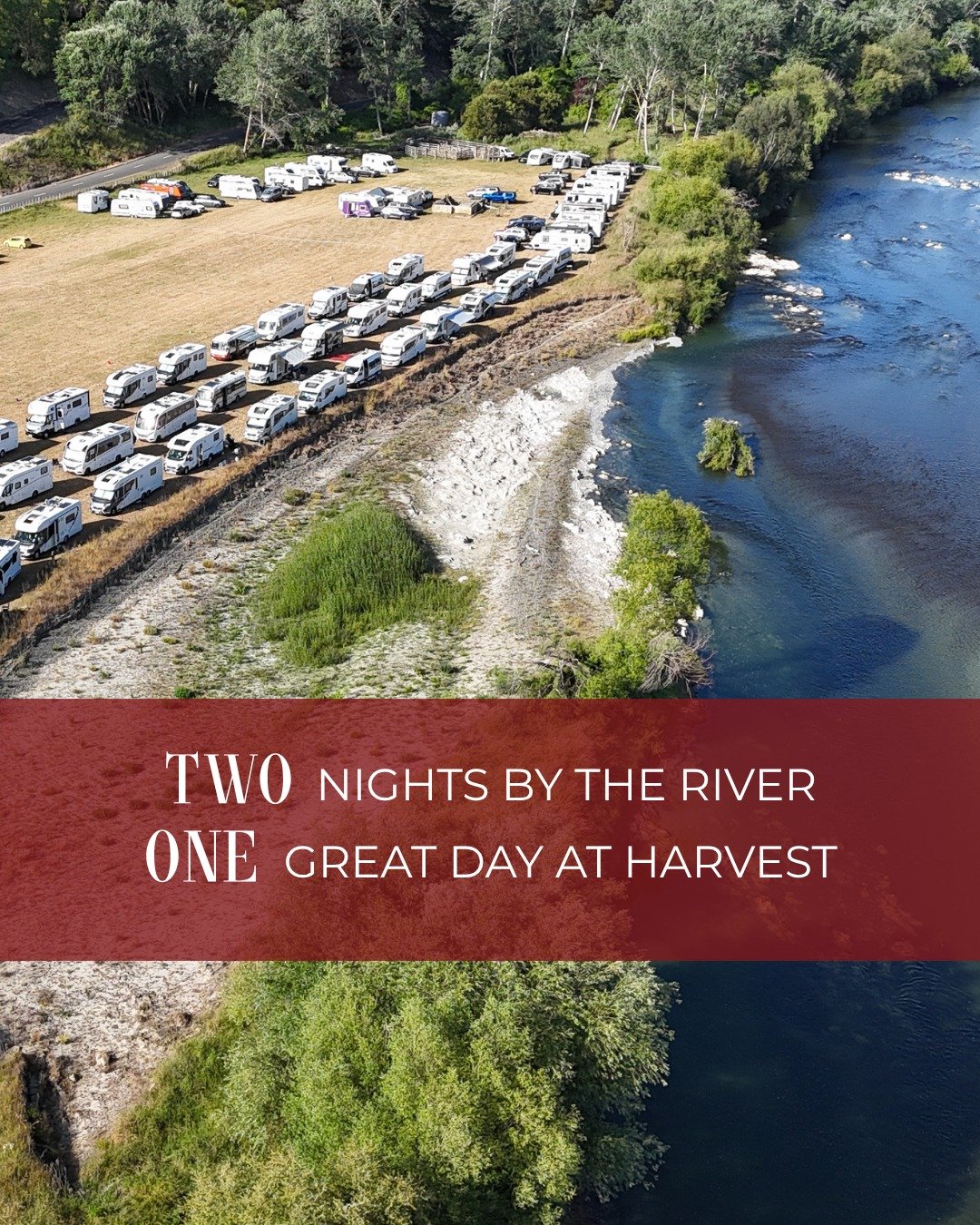 Rolling in with your self-contained motorhome or caravan?
Turn Harvest Hawke&rsquo;s Bay into the ultimate weekend escape with our dedicated riverside parking option.
Settle in for a two-night stay, enjoy the comfort of your own setup, then take the 