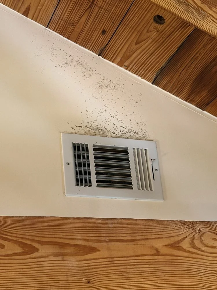 The vent tells another story. 55-degree air meets 70% humidity, hits the dew point, and water forms right on the vent.
