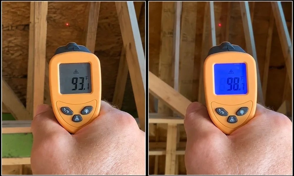 Inside, under the Roof Lung: the bottom of the sheathing reads 93.1 and 98.7 degrees.