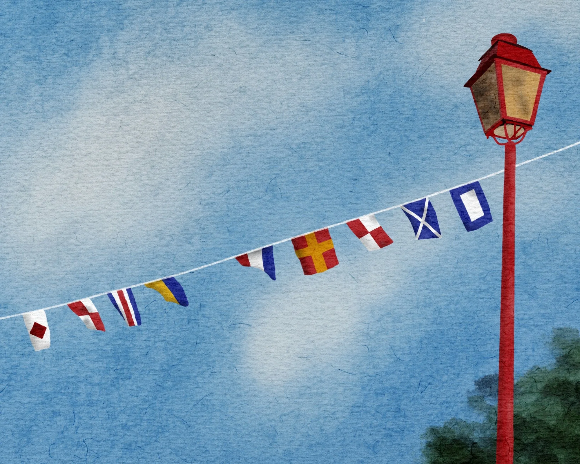 Digital watercolor artwork of maritime signal flags spelling “fuck Trump” in nautical flag code, arranged in a coastal composition with soft textured brushwork.