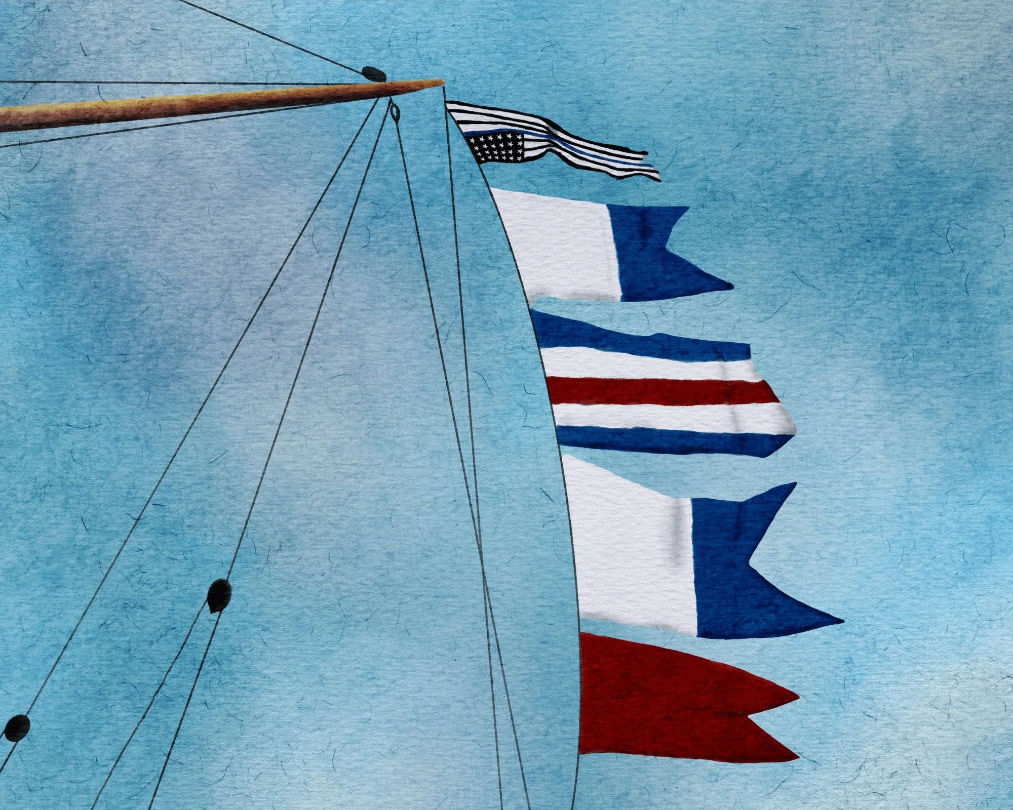 Digital watercolor illustration of an upside-down “thin blue line” American flag variation representing the phrase “ACAB,” rendered with distressed texture and muted coastal tones.