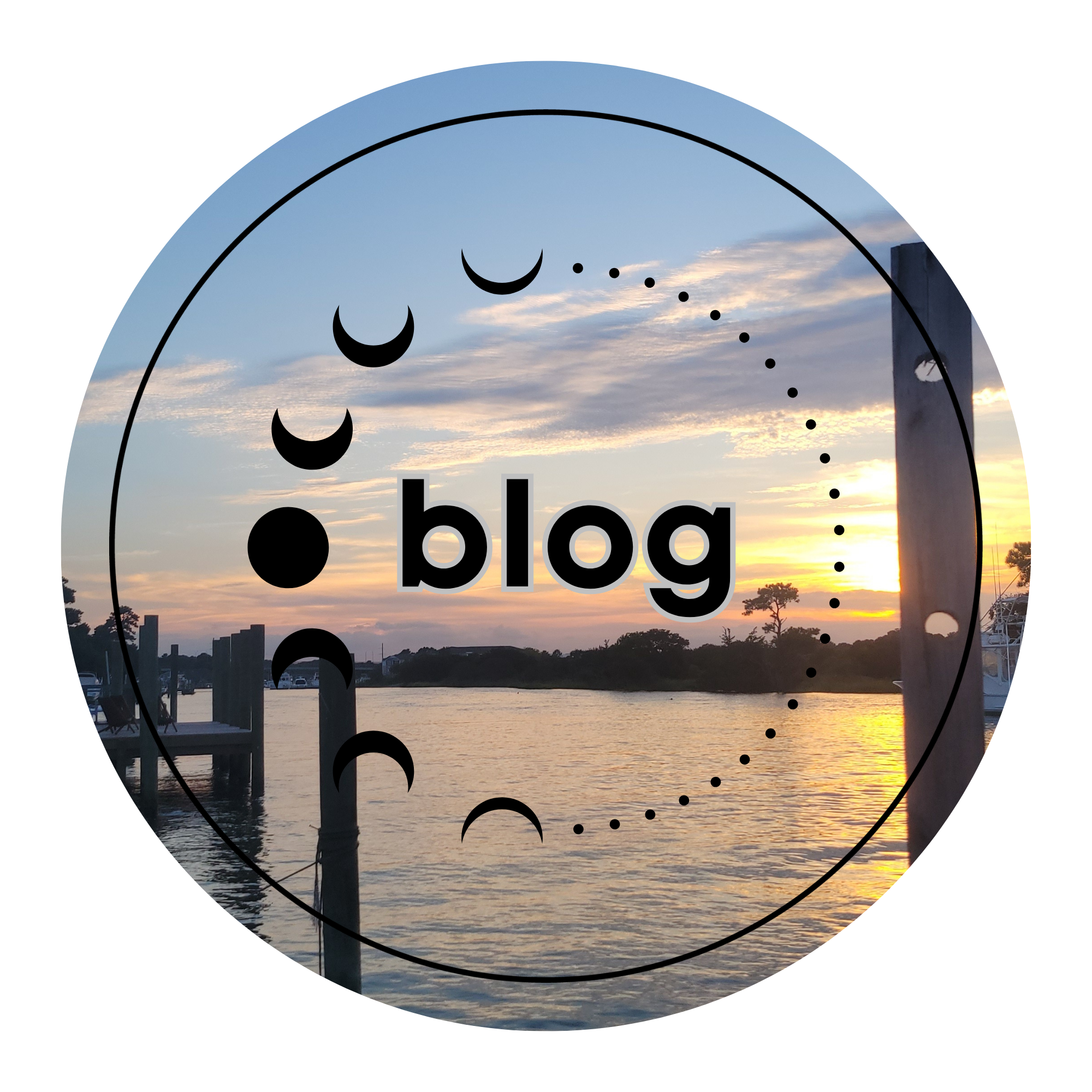 Coastal sunset over water with dock posts, overlaid with moon phase circle design and the word "blog"