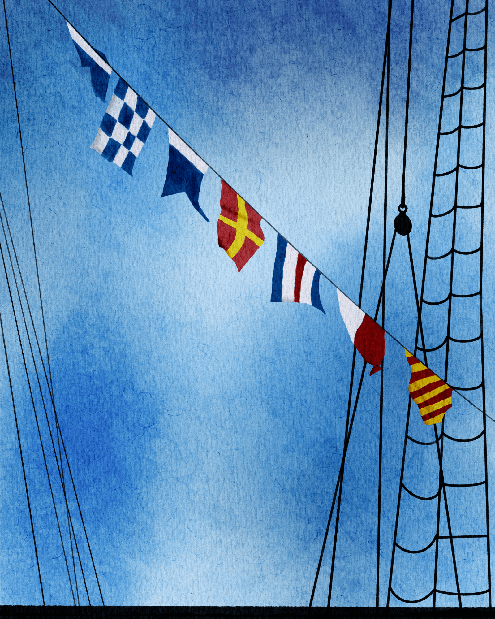 Digital watercolor illustration of maritime signal flags spelling “anarchy” in nautical code, featuring layered ocean tones and watercolor texture in a bold anti-establishment design.