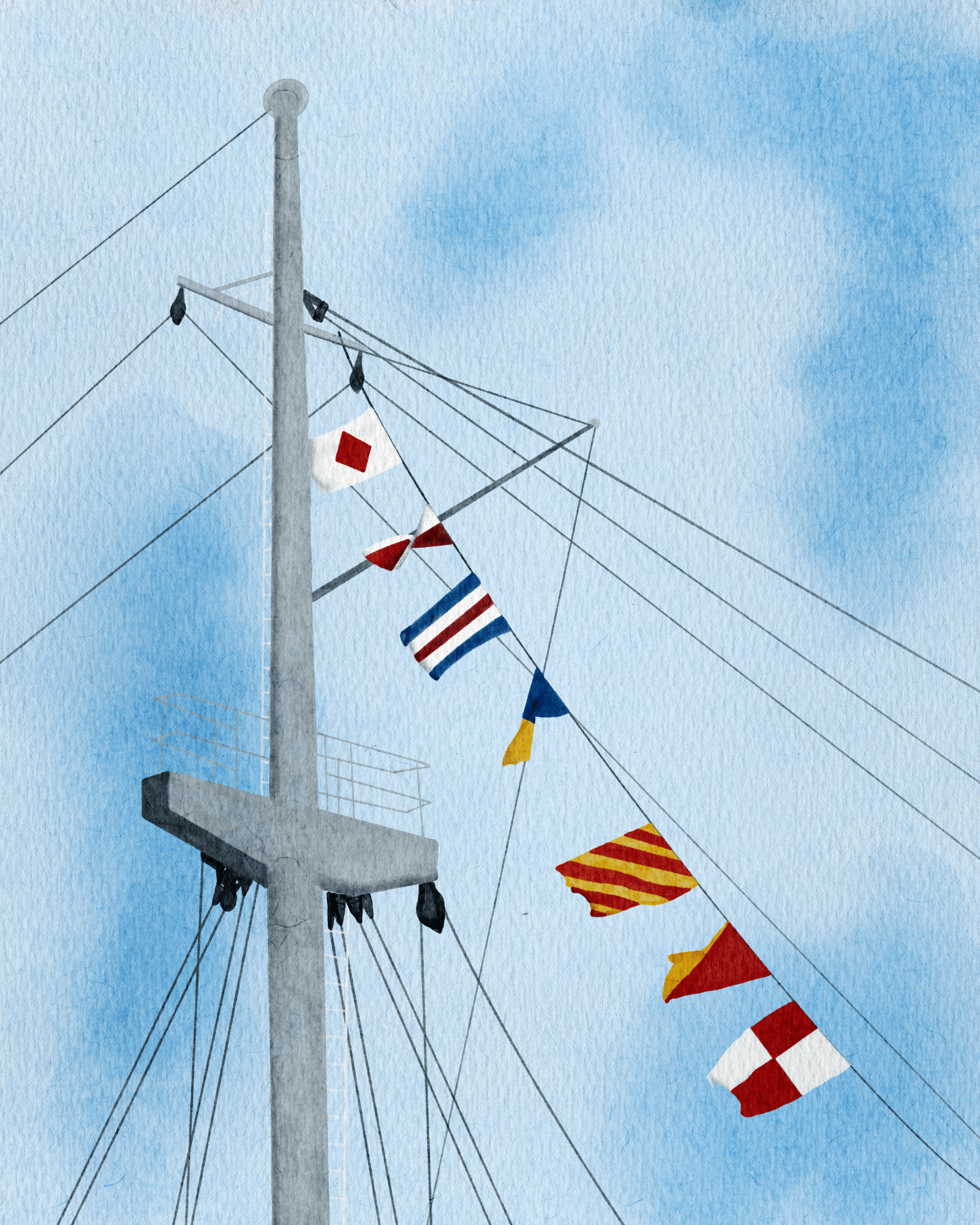 Digital watercolor artwork of maritime signal flags spelling a coded “fuck you” message in nautical flag alphabet, styled with coastal colors and soft watercolor texture.