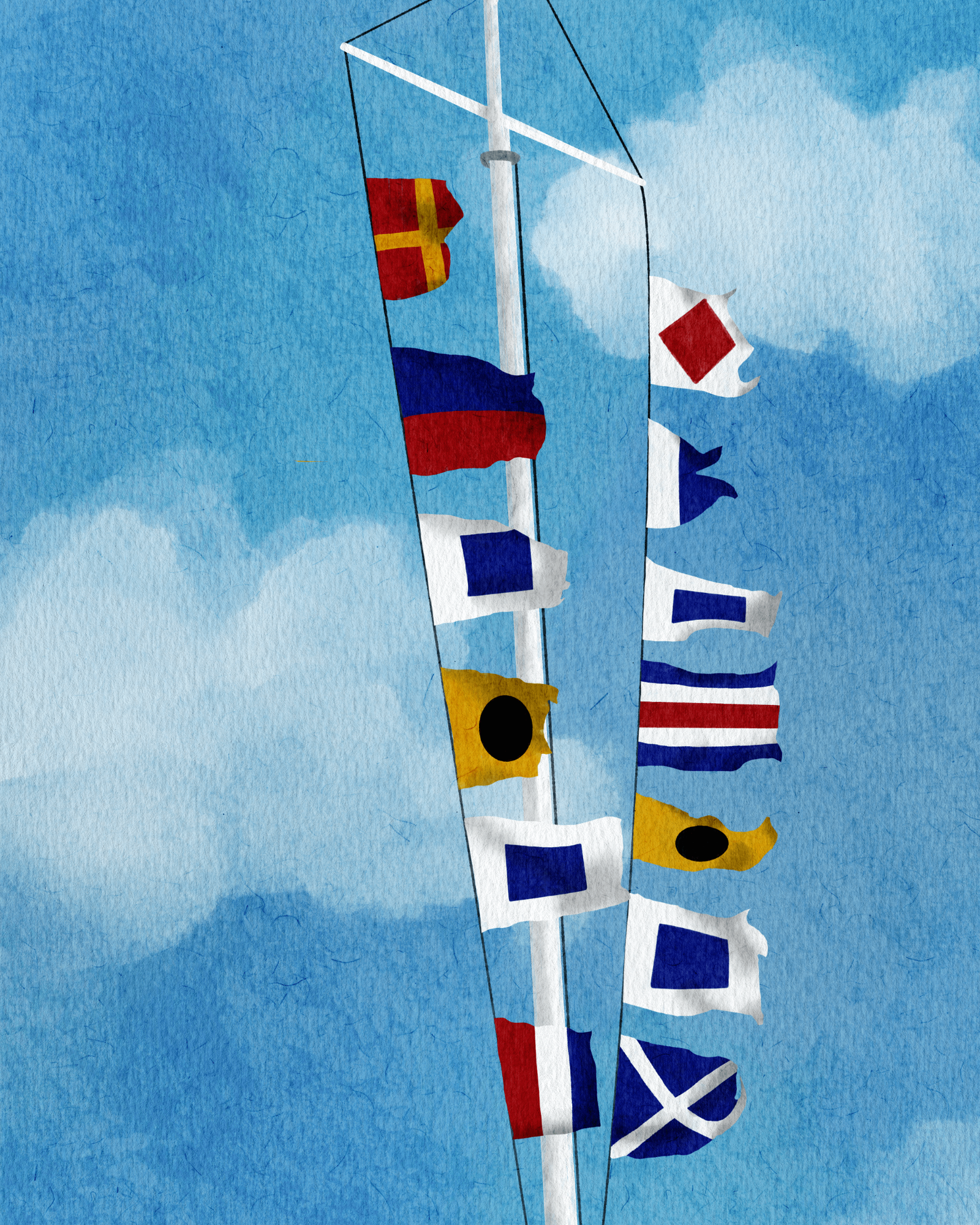 Digital watercolor artwork of maritime signal flags spelling “resist fascism” using nautical code, featuring layered coastal colors and subtle watercolor texture in a modern protest art style.
